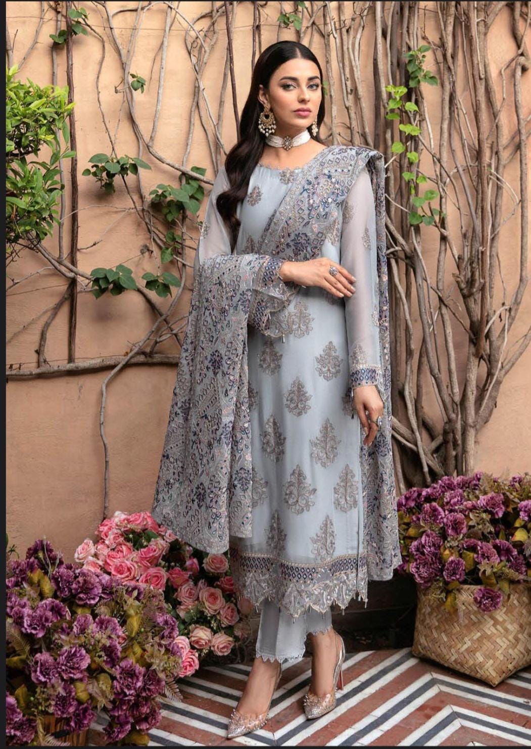 Eid Dress For Womens - Pakistani Embroidered Chiffon Ramadan Partywear Festival Suits Salwar Kameez Suit In Medium Size