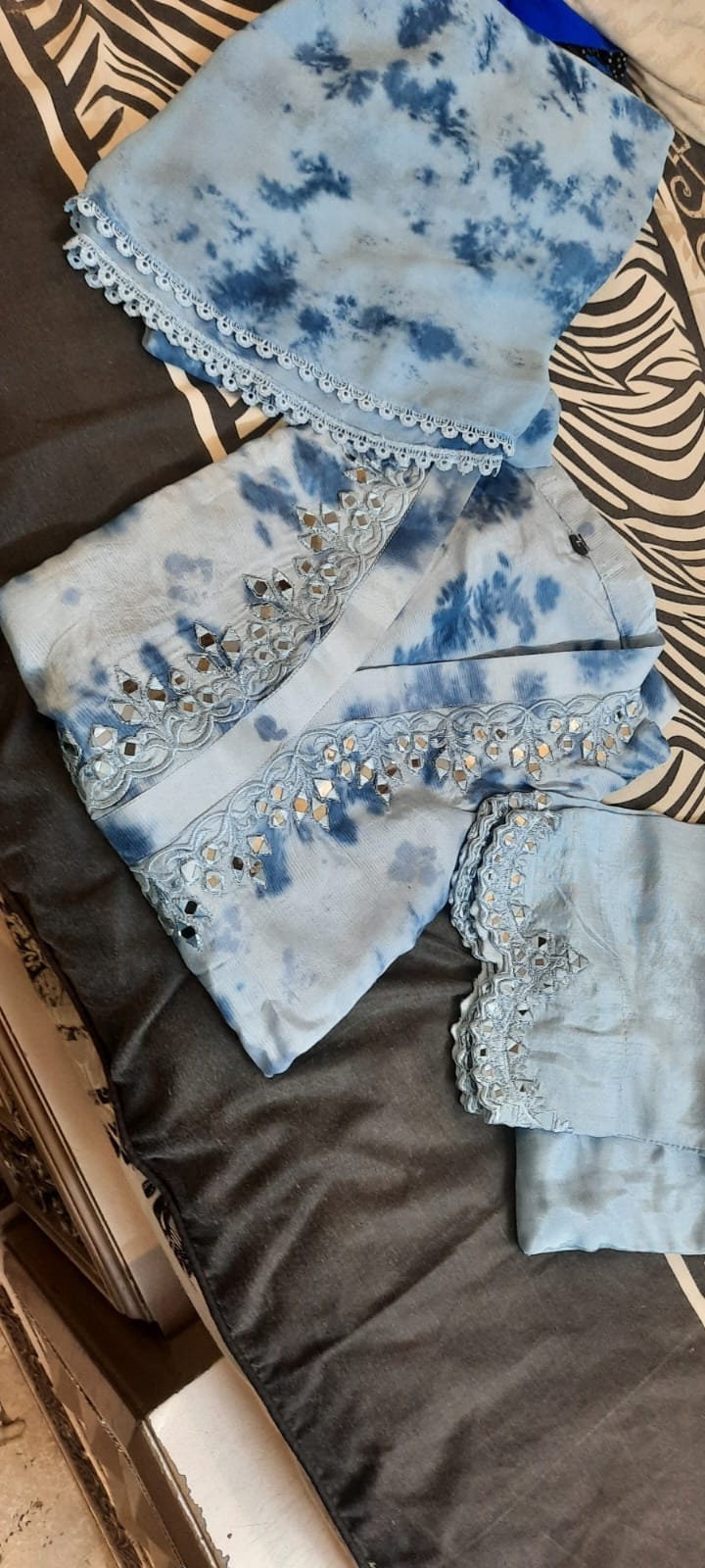 Beautiful Partywear Mirror Work Tie and Die Embroidered Cotton Silk 3 Piece Dress Designer Dress Salwar Kameez Suit