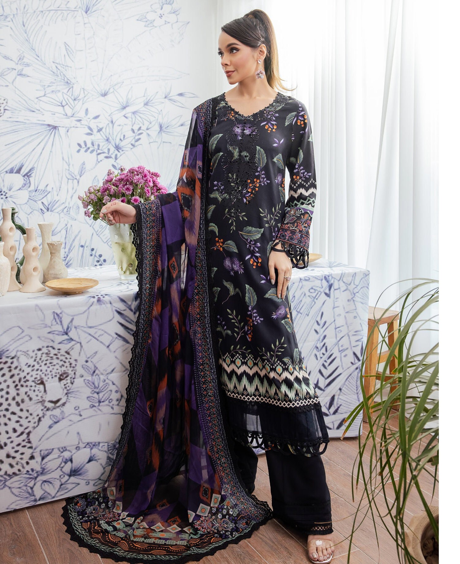 Eid Dress For Womens - Pakistani Embroidered Linen Ramadan Partywear Festival Suits Salwar Kameez Suit In Large Size