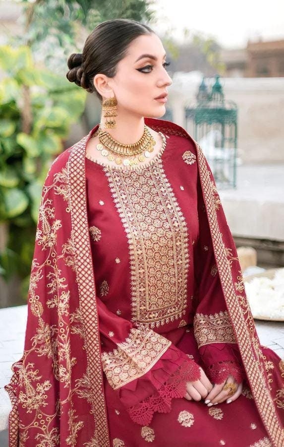 Eid Dress For Womens - Pakistani Embroidered Karandi Ramadan Partywear Festival Suits Salwar Kameez Suit In Medium size By Ramsha
