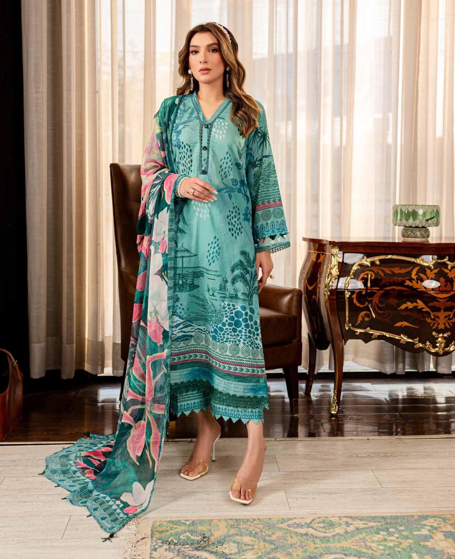 Eid Dress For Womens - Pakistani Printed Lawn Ramadan Partywear Festival Suits In Medium Size