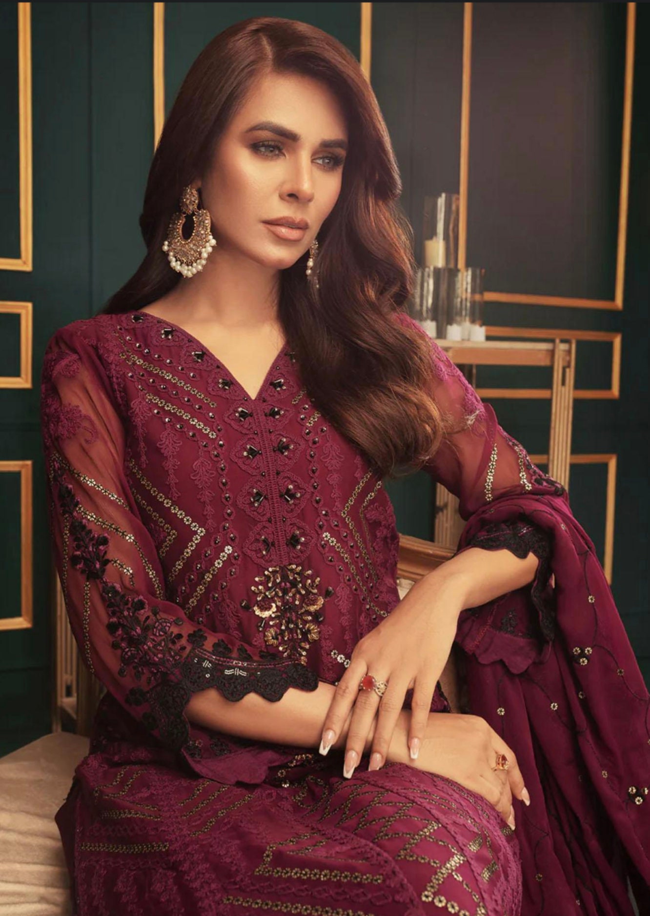 Eid Dress For Womens – Wedding Festival Salwar Kameez Suits Embroidered Chiffon Pakistani Eid Partywear Suit  In Medium & Large Size