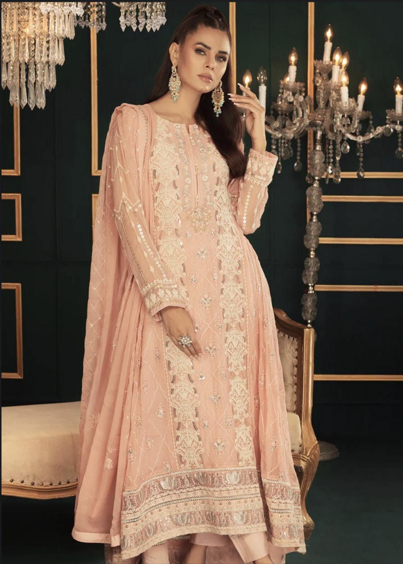 Eid Dress For Womens – Wedding Festival Salwar Kameez Suits Embroidered Chiffon Pakistani Eid Partywear Suit  In Medium & Large Size