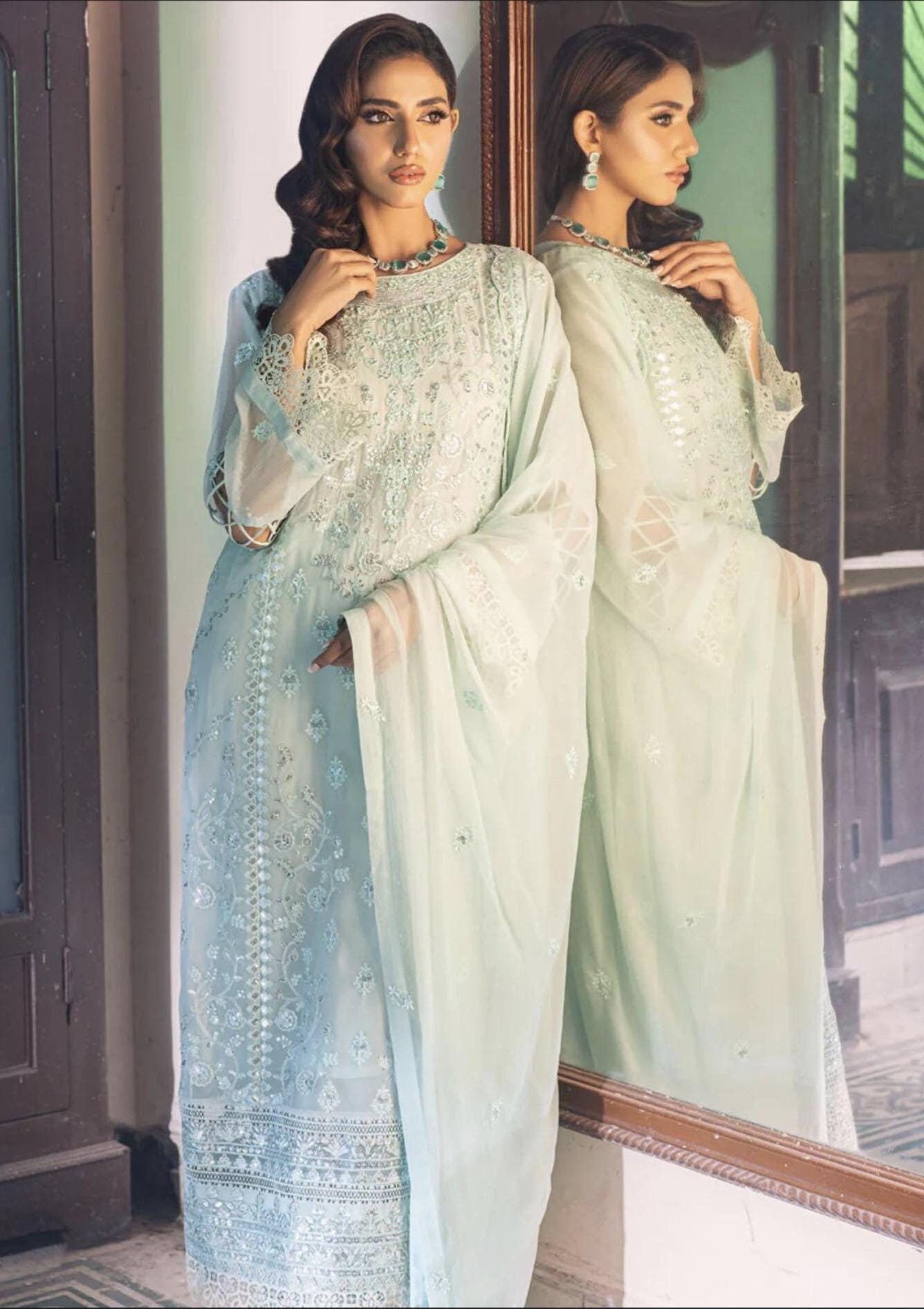 Eid Dress For Womens – Wedding Festival Salwar Kameez Suits Embroidered Chiffon Pakistani Eid Partywear Suit  In Medium & Large Size