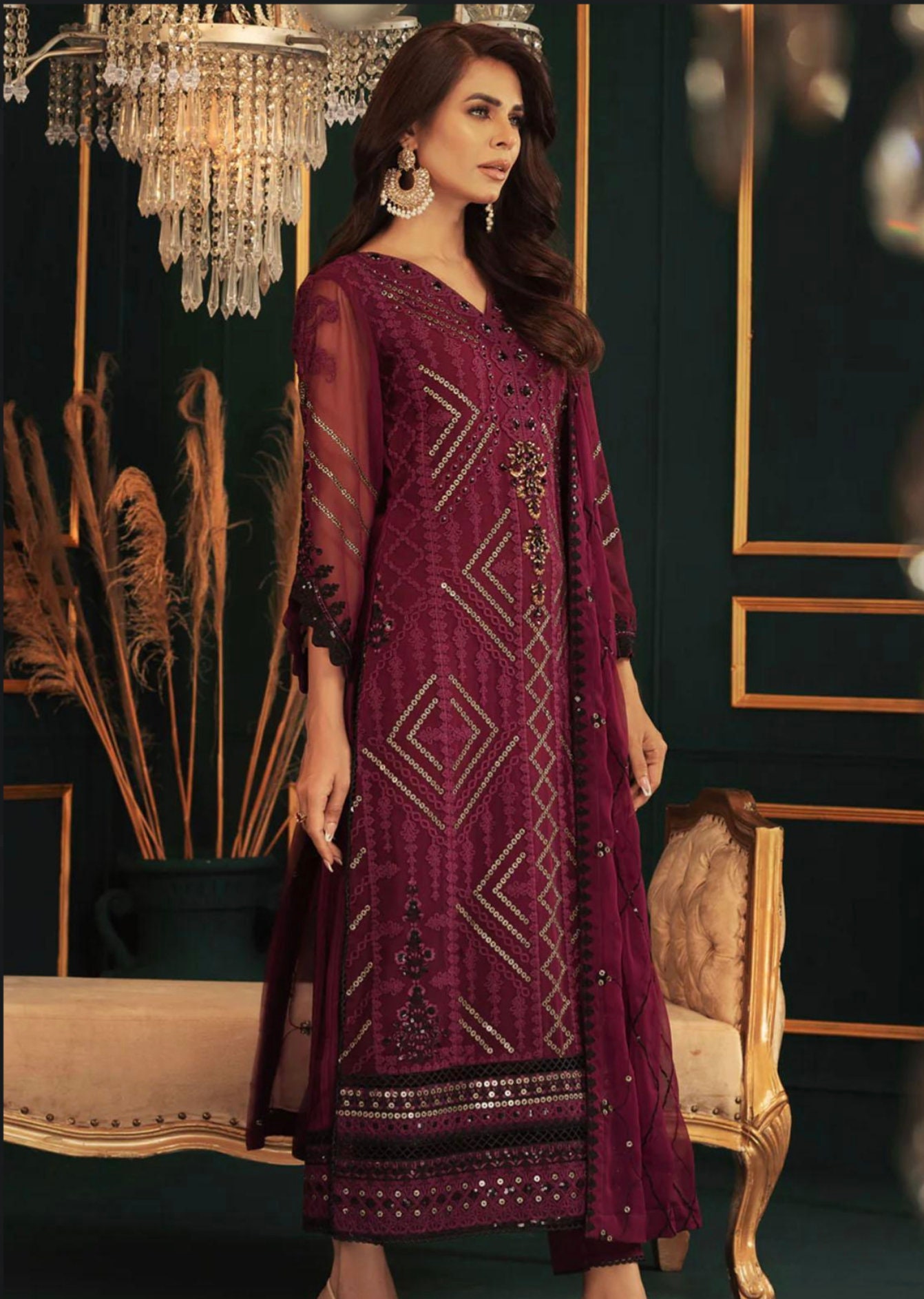Eid Dress For Womens – Wedding Festival Salwar Kameez Suits Embroidered Chiffon Pakistani Eid Partywear Suit  In Medium & Large Size