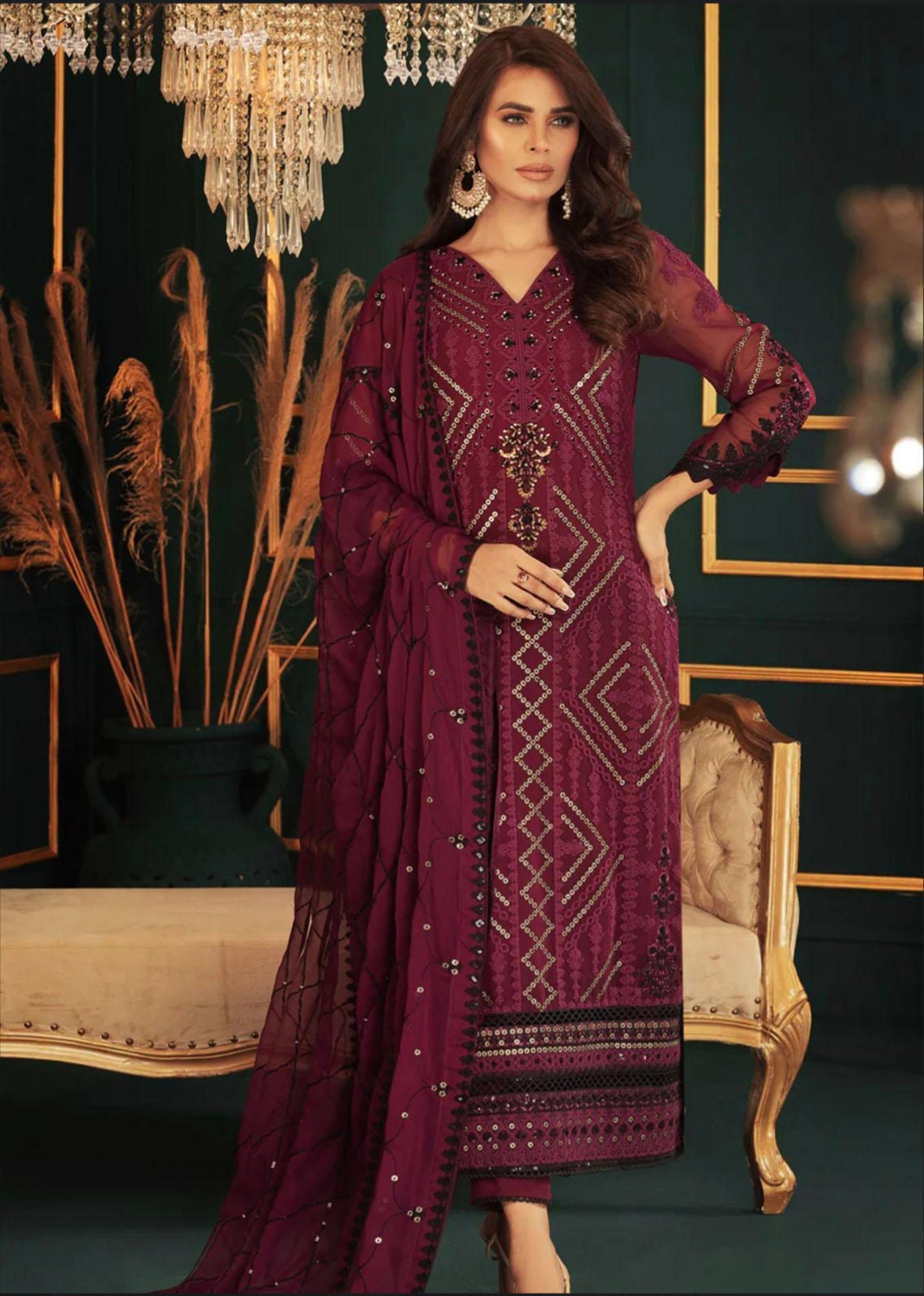 Eid Dress For Womens – Wedding Festival Salwar Kameez Suits Embroidered Chiffon Pakistani Eid Partywear Suit  In Medium & Large Size