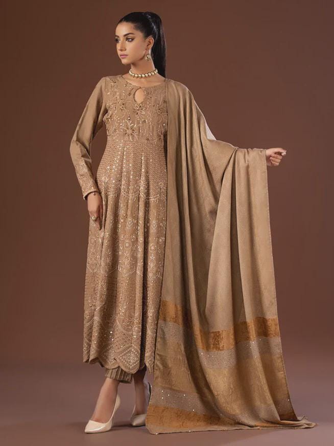 Eid Dress For Womens - Pakistani Embroidered Leather Peach - Ramadan Partywear Festival Suits in Large Size