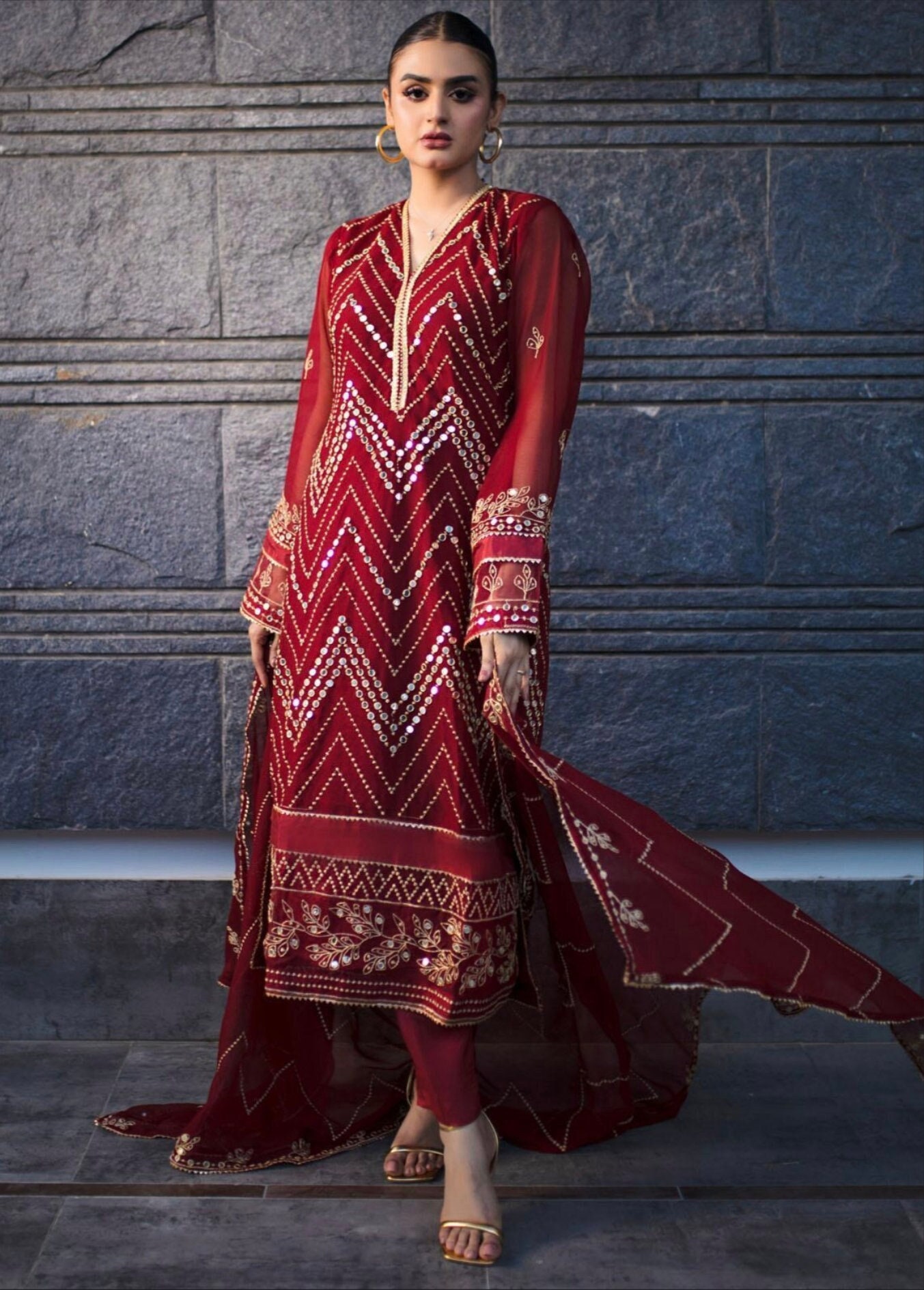 Eid Dress For Womens – Wedding Festival Salwar Kameez Suits Embroidered Chiffon Pakistani Eid Partywear Suit  In Medium Size