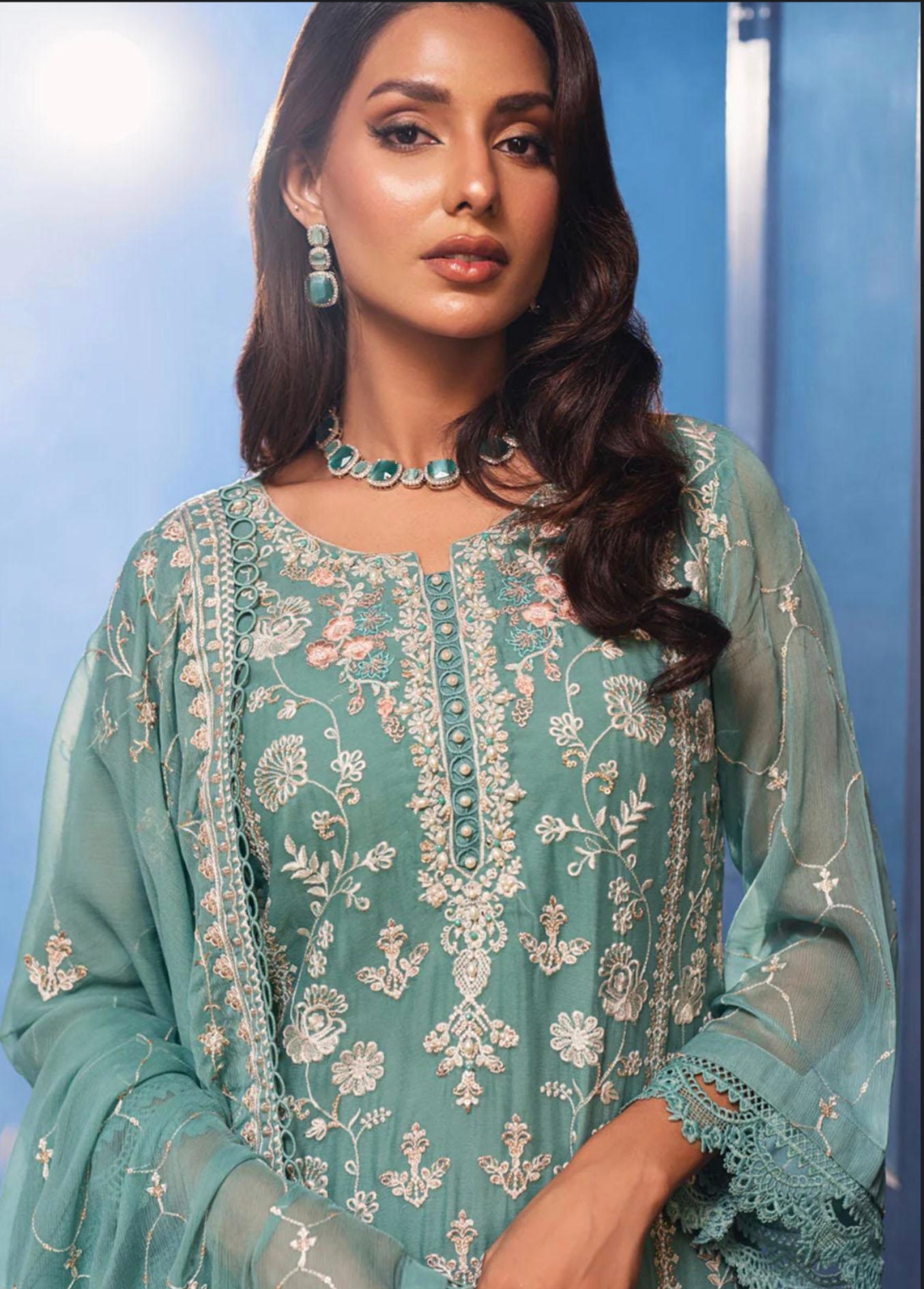 Eid Dress For Womens – Wedding Festival Salwar Kameez Suits Embroidered Chiffon Pakistani Eid Partywear Suit  In Medium Size