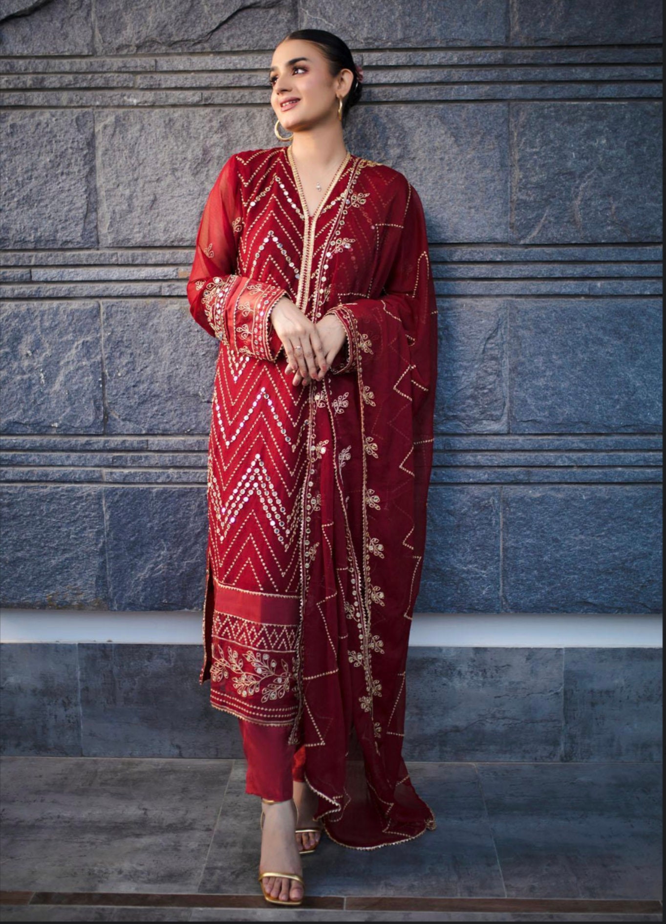 Eid Dress For Womens – Wedding Festival Salwar Kameez Suits Embroidered Chiffon Pakistani Eid Partywear Suit  In Medium Size