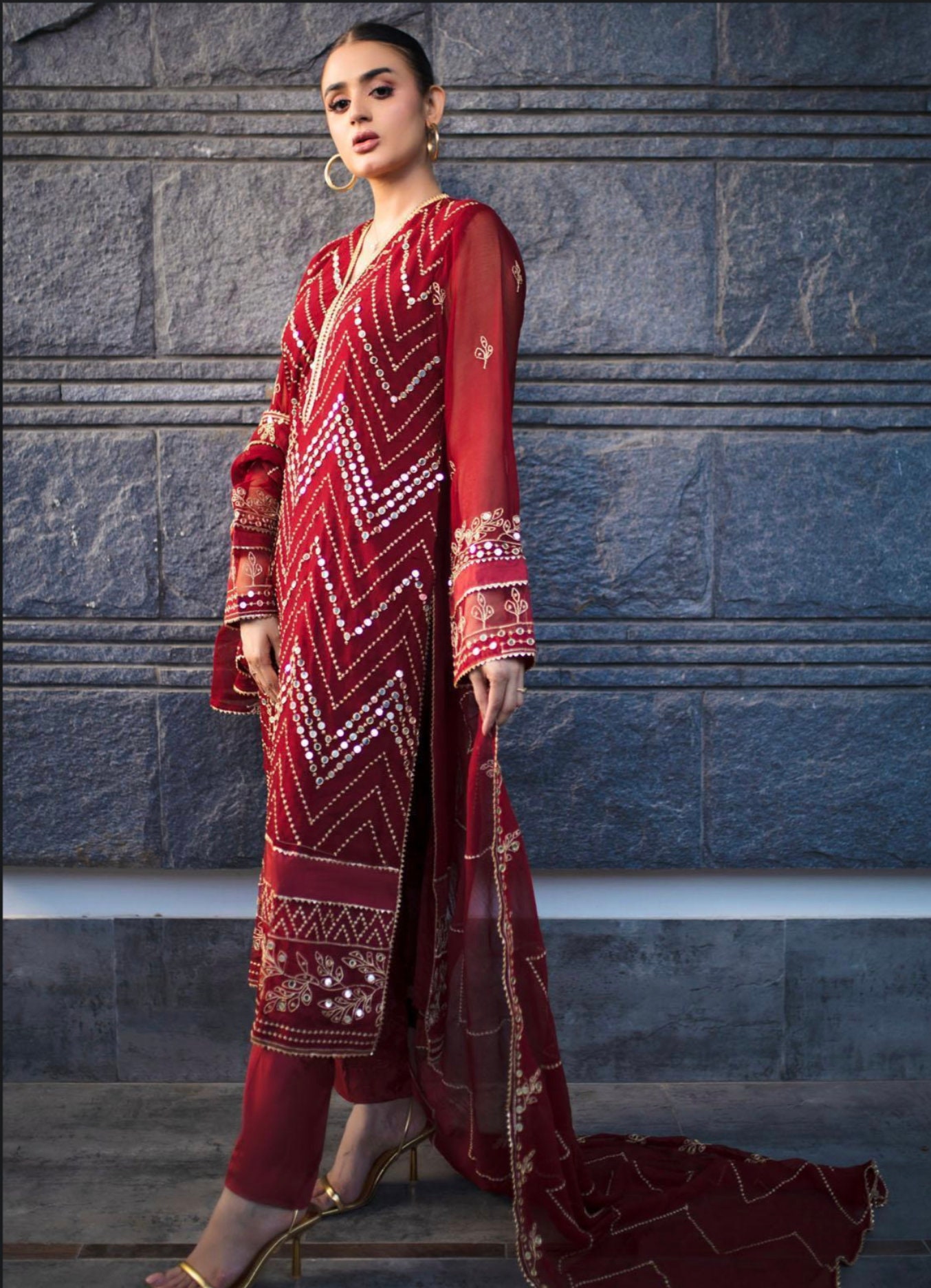 Eid Dress For Womens – Wedding Festival Salwar Kameez Suits Embroidered Chiffon Pakistani Eid Partywear Suit  In Medium Size