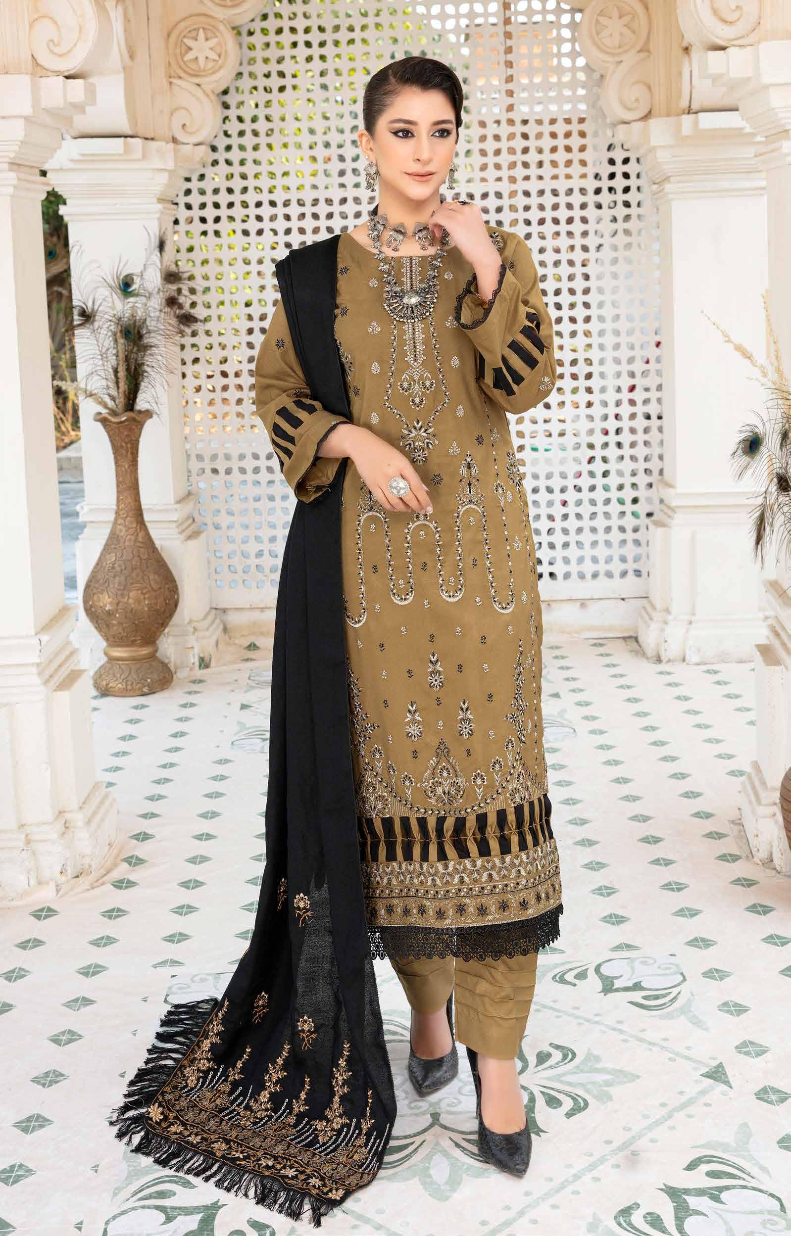 Eid Dress For Womens - Pakistani Embroidered Ramadan Partywear Festival Suits Eid Salwar Kameez Suits with Wool Shawl In Large Size