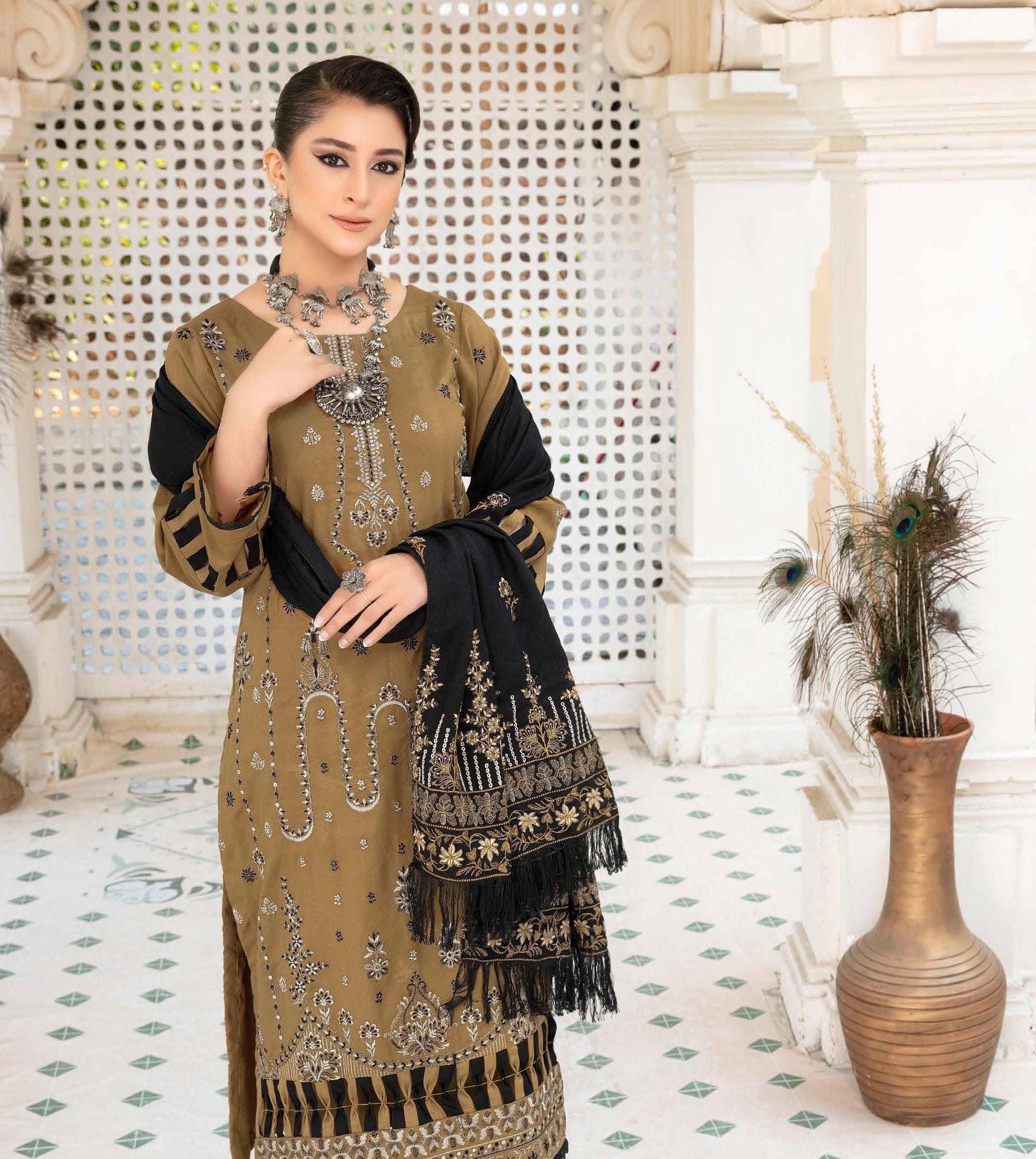 Eid Dress For Womens - Pakistani Embroidered Ramadan Partywear Festival Suits Eid Salwar Kameez Suits with Wool Shawl In Large Size