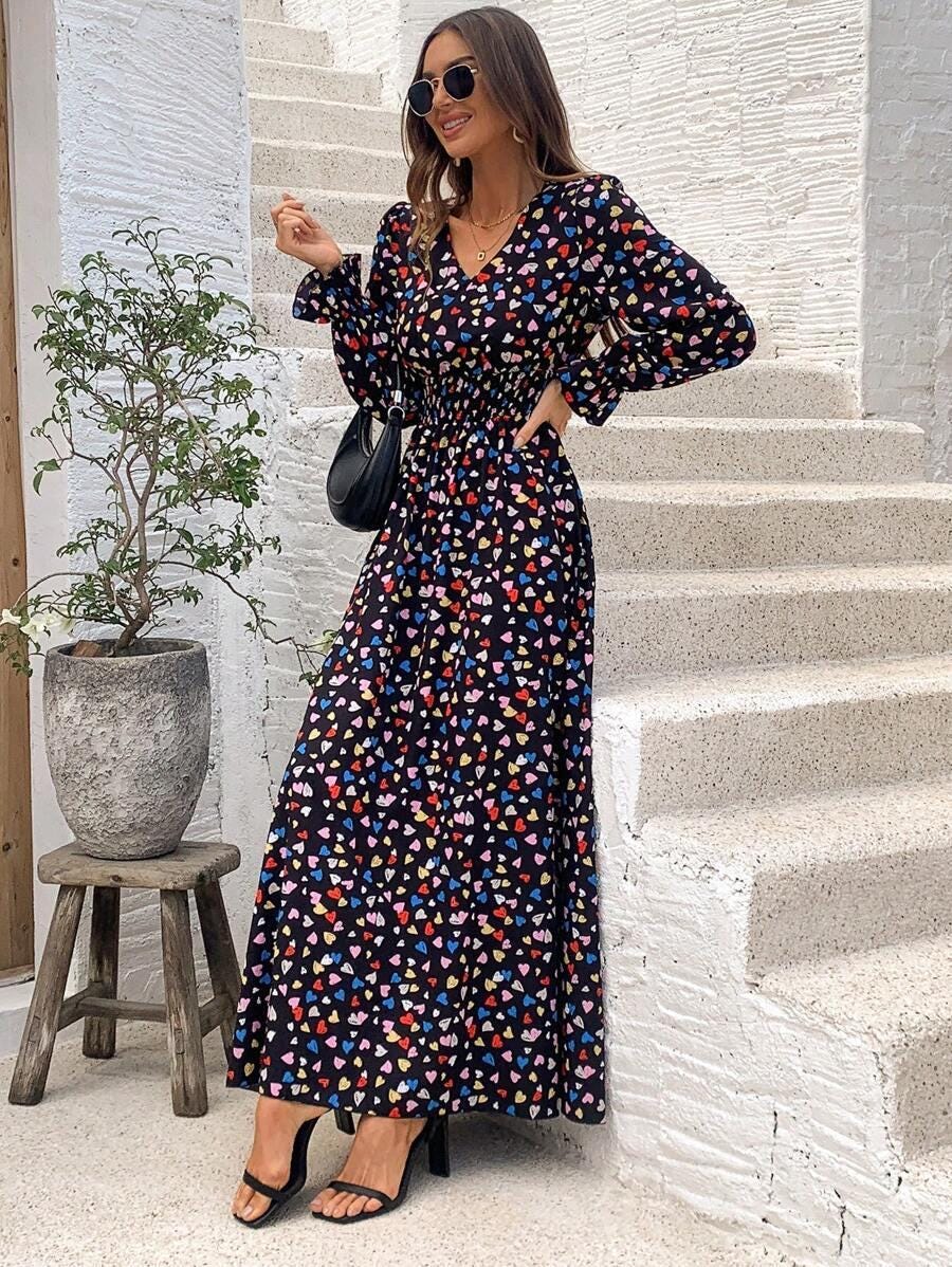 New Beautiful Model Heart Print Maxi Partywear Printed Maxi Designer Dress Floral Long Maxi Readymade Maxi for Girls