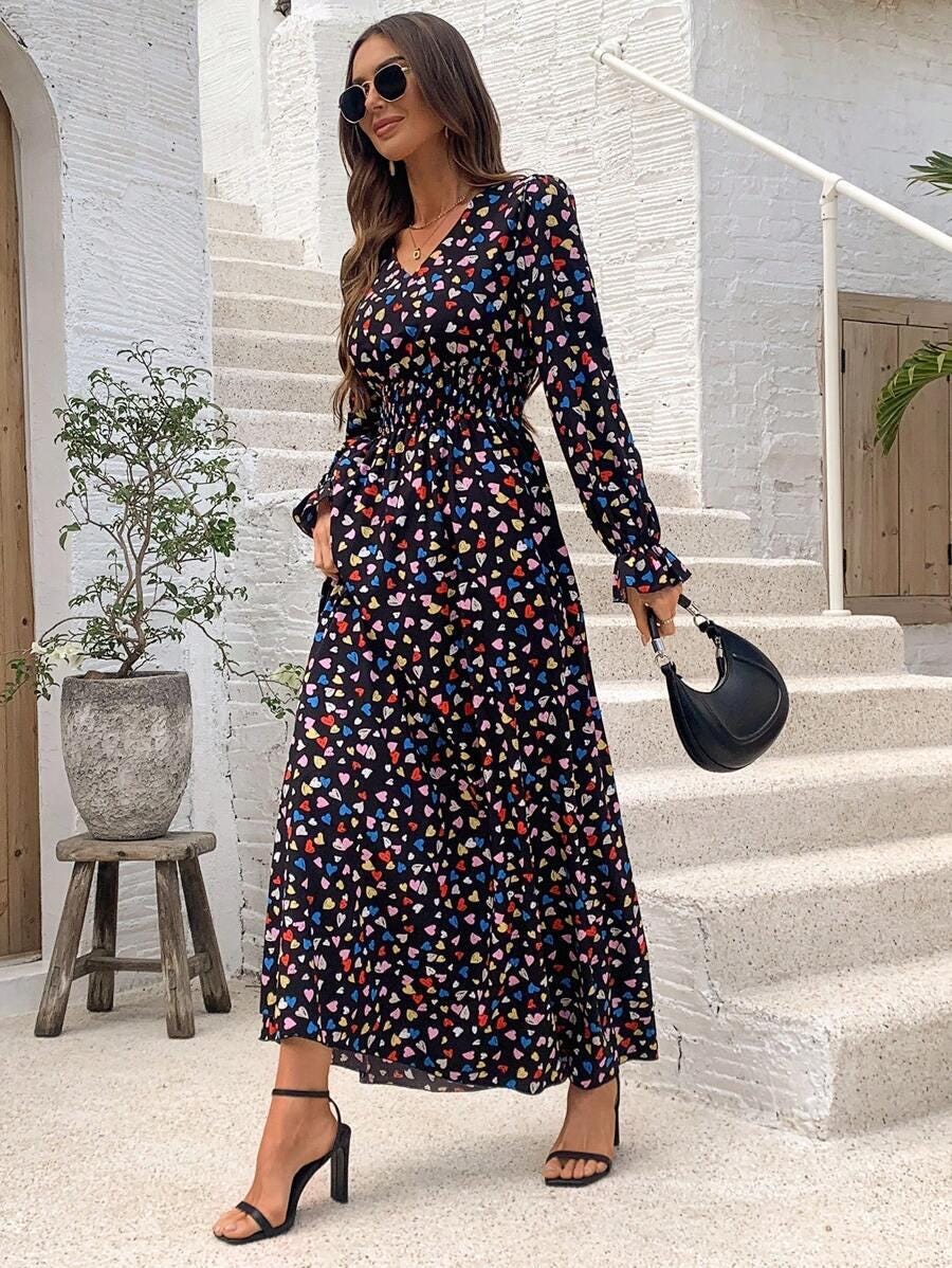 New Beautiful Model Heart Print Maxi Partywear Printed Maxi Designer Dress Floral Long Maxi Readymade Maxi for Girls