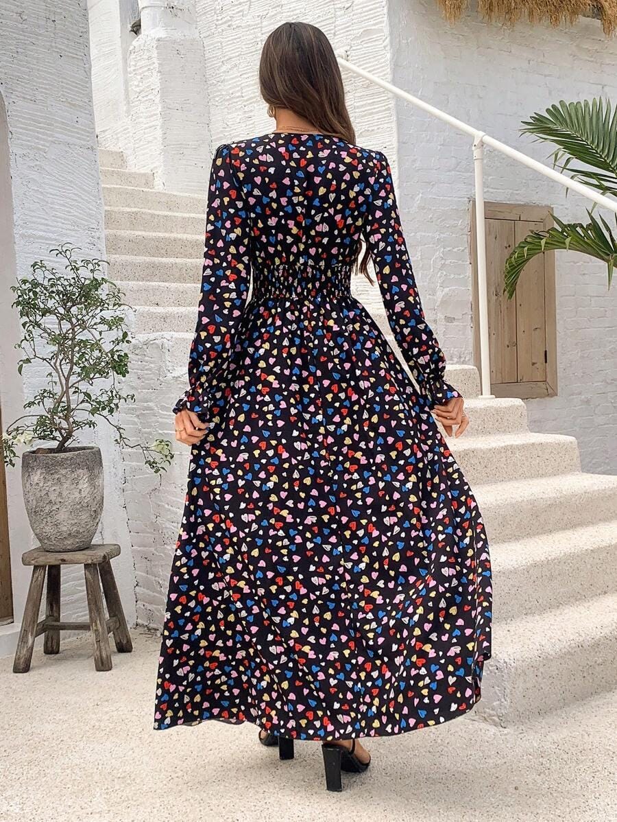 New Beautiful Model Heart Print Maxi Partywear Printed Maxi Designer Dress Floral Long Maxi Readymade Maxi for Girls