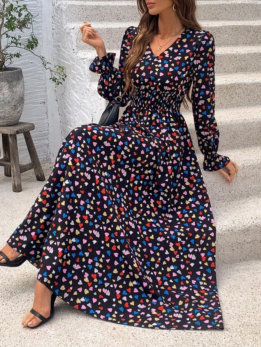 New Beautiful Model Heart Print Maxi Partywear Printed Maxi Designer Dress Floral Long Maxi Readymade Maxi for Girls