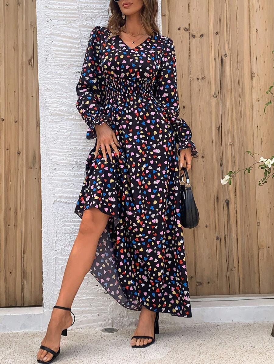 New Beautiful Model Heart Print Maxi Partywear Printed Maxi Designer Dress Floral Long Maxi Readymade Maxi for Girls