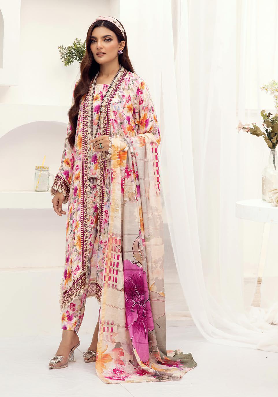 Eid Dress For Womens - Pakistani Embroidered Lawn Ramadan Partywear Festival Suits Winter Satin Clothes in Medium Size