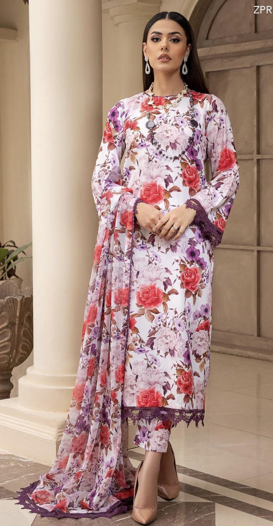 Eid Dress For Womens - Pakistani Printed Lawn Ramadan Partywear Festival Suits Georgette Printed Silk Dress In Medium Size
