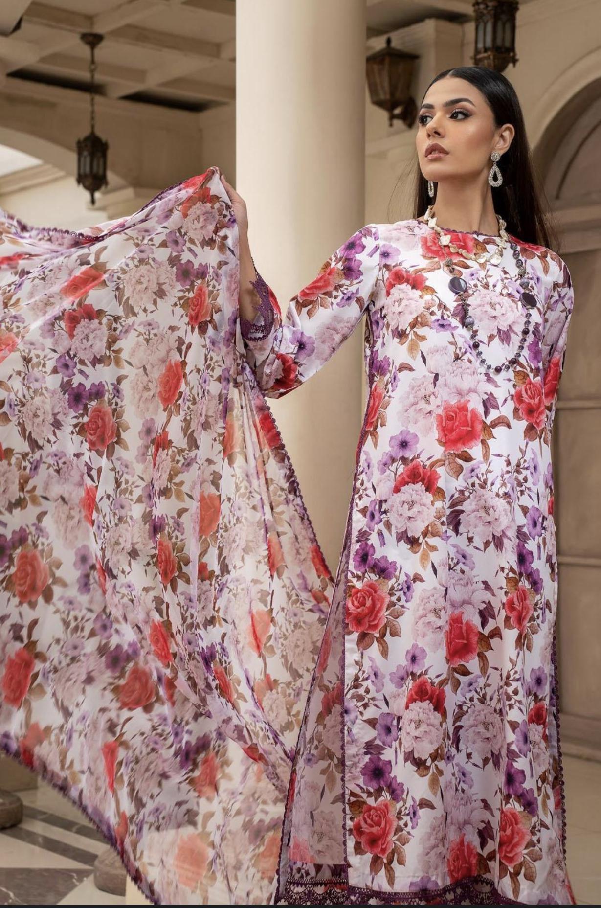 Eid Dress For Womens - Pakistani Printed Lawn Ramadan Partywear Festival Suits Georgette Printed Silk Dress In Medium Size