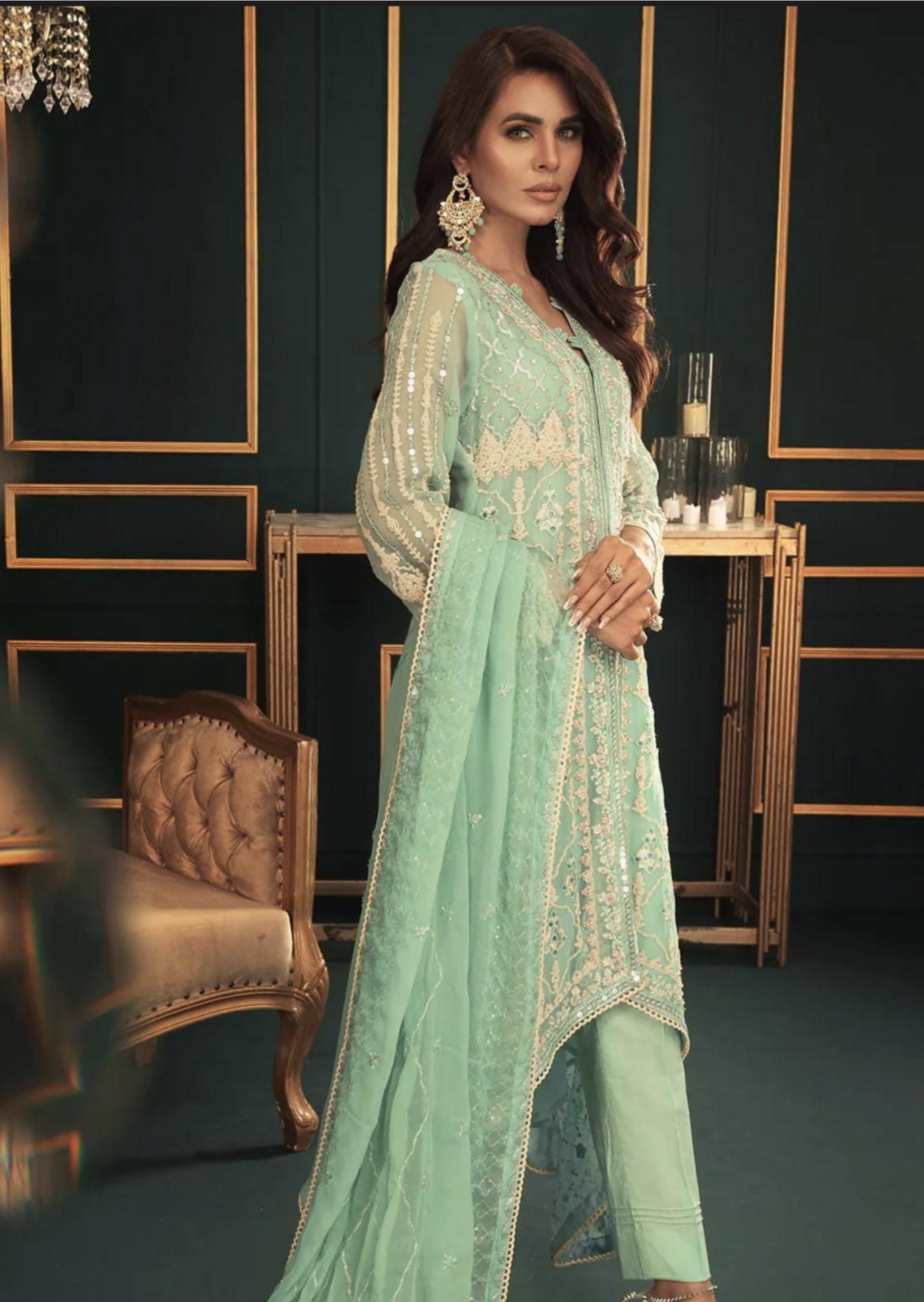 Eid Dress For Womens – Wedding Festival Salwar Kameez Suits Embroidered Chiffon Pakistani Eid Partywear Suit  In Medium Size By Shamooz