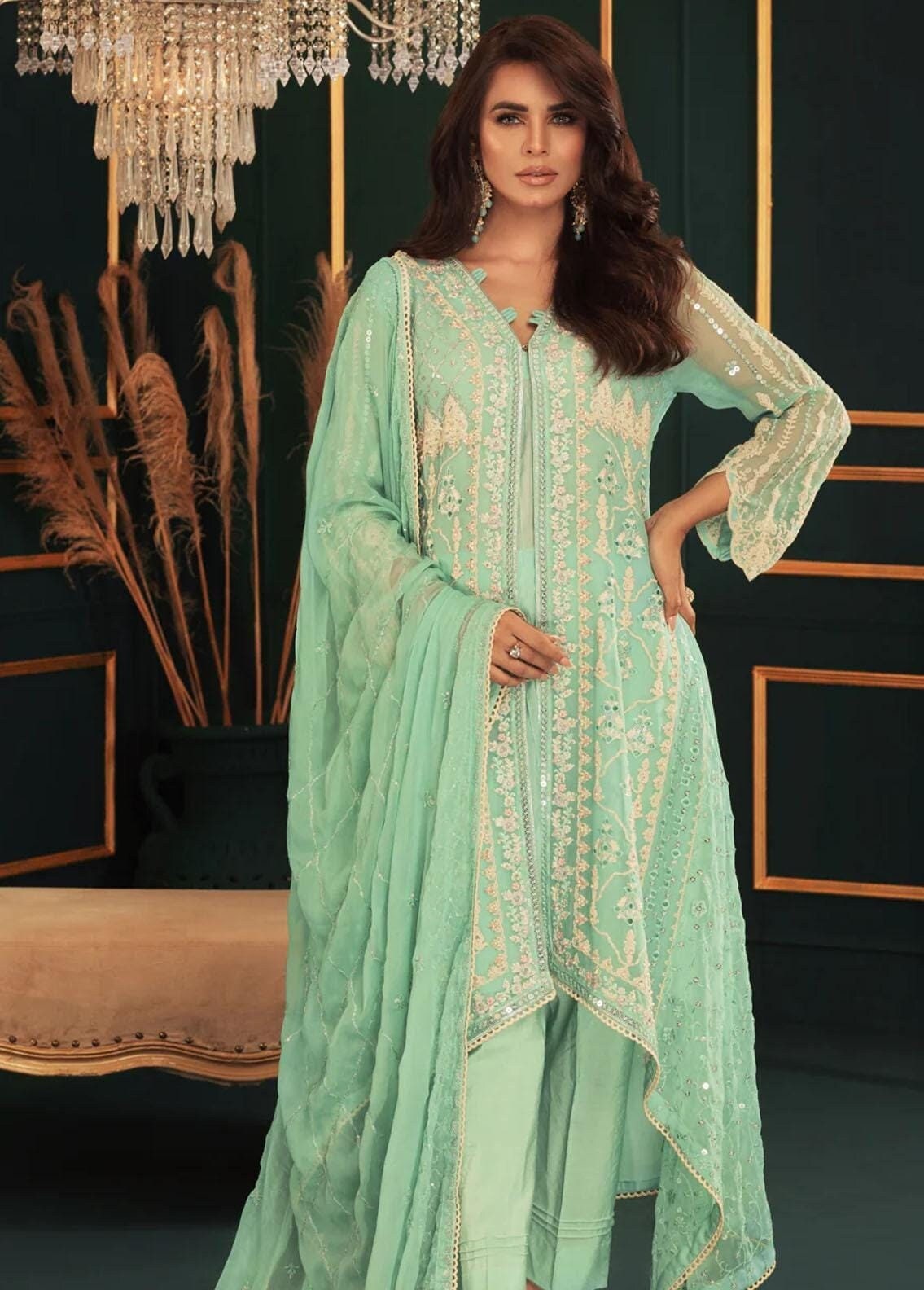 Eid Dress For Womens – Wedding Festival Salwar Kameez Suits Embroidered Chiffon Pakistani Eid Partywear Suit  In Medium Size By Shamooz