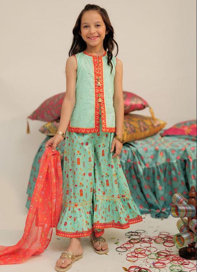 Eid Little Girls Dress With Dupatta Gharara – Eid Dress - Floral Printed Party Baby Girls Suits