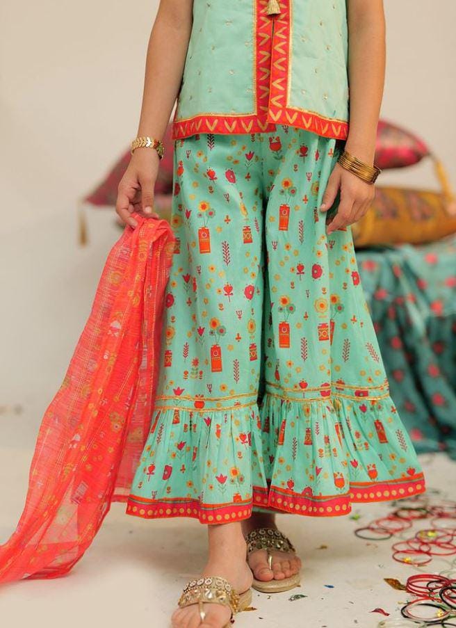 Eid Little Girls Dress With Dupatta Gharara – Eid Dress - Floral Printed Party Baby Girls Suits