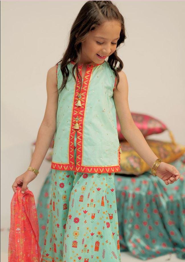 Eid Little Girls Dress With Dupatta Gharara – Eid Dress - Floral Printed Party Baby Girls Suits