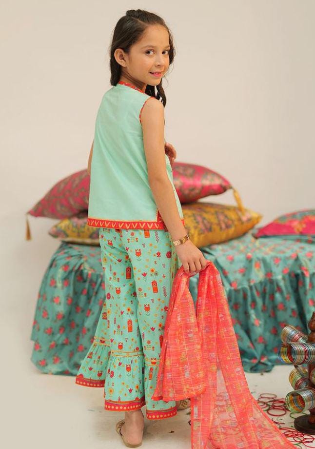 Eid Little Girls Dress With Dupatta Gharara – Eid Dress - Floral Printed Party Baby Girls Suits