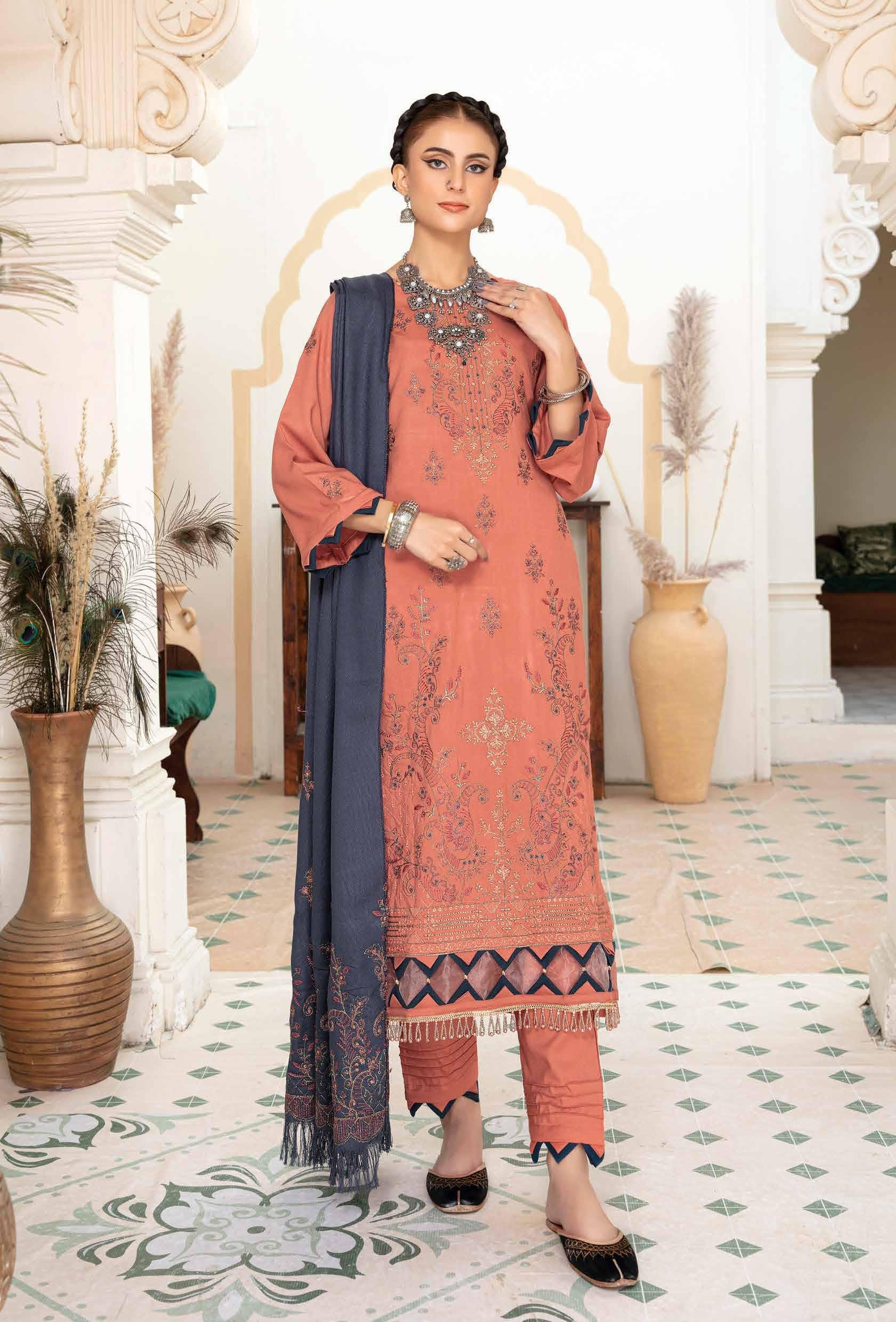 Eid Dress For Womens - Pakistani Embroidered Slub Dhanak Ramadan Partywear Festival Suits Eid Salwar Kameez Suit with Wool Shawl In XL Size