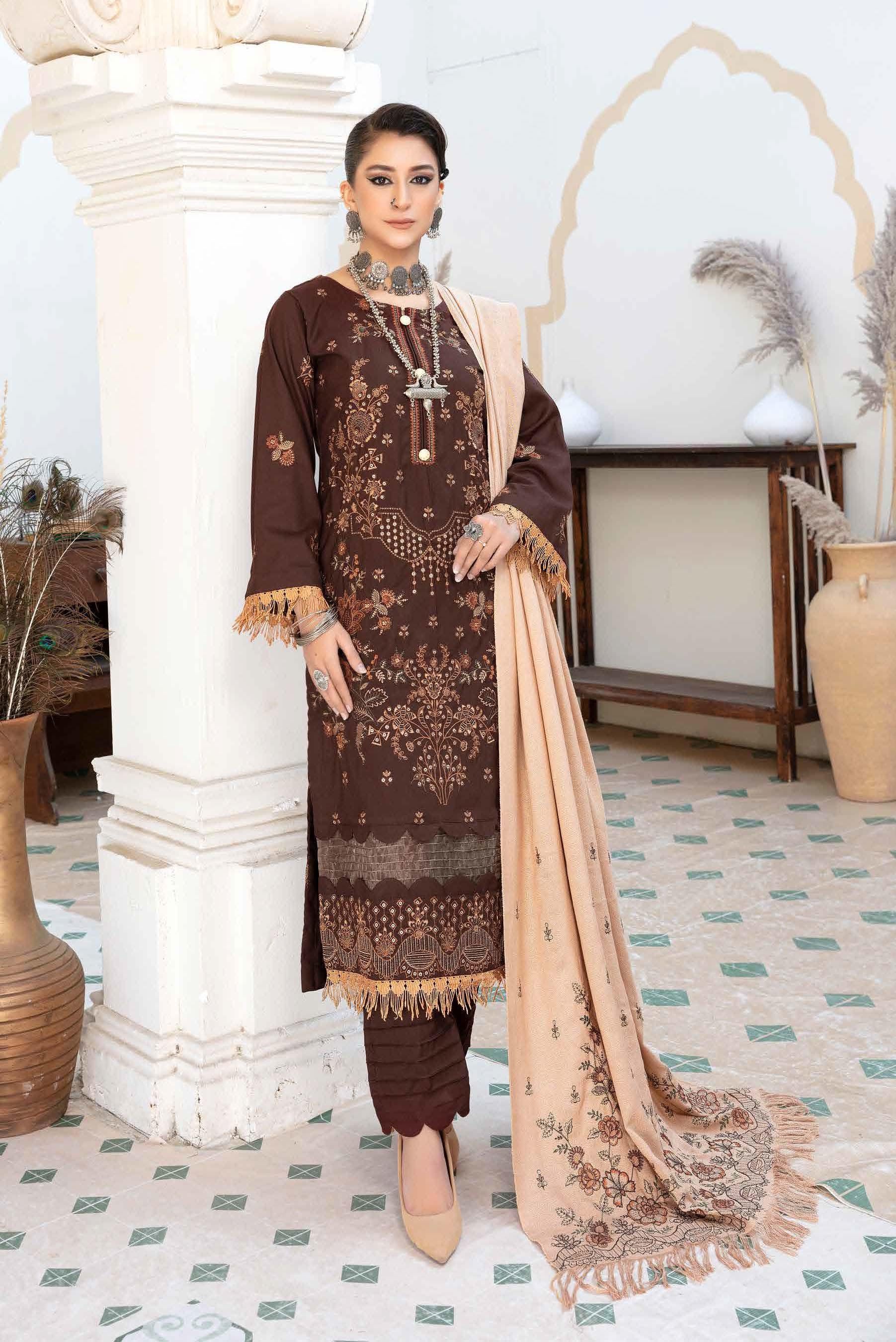 Eid Dress For Womens - Pakistani Embroidered Slub Dhanak Ramadan Partywear Festival Suits Eid Salwar Kameez Suit with Wool Shawl In XL Size