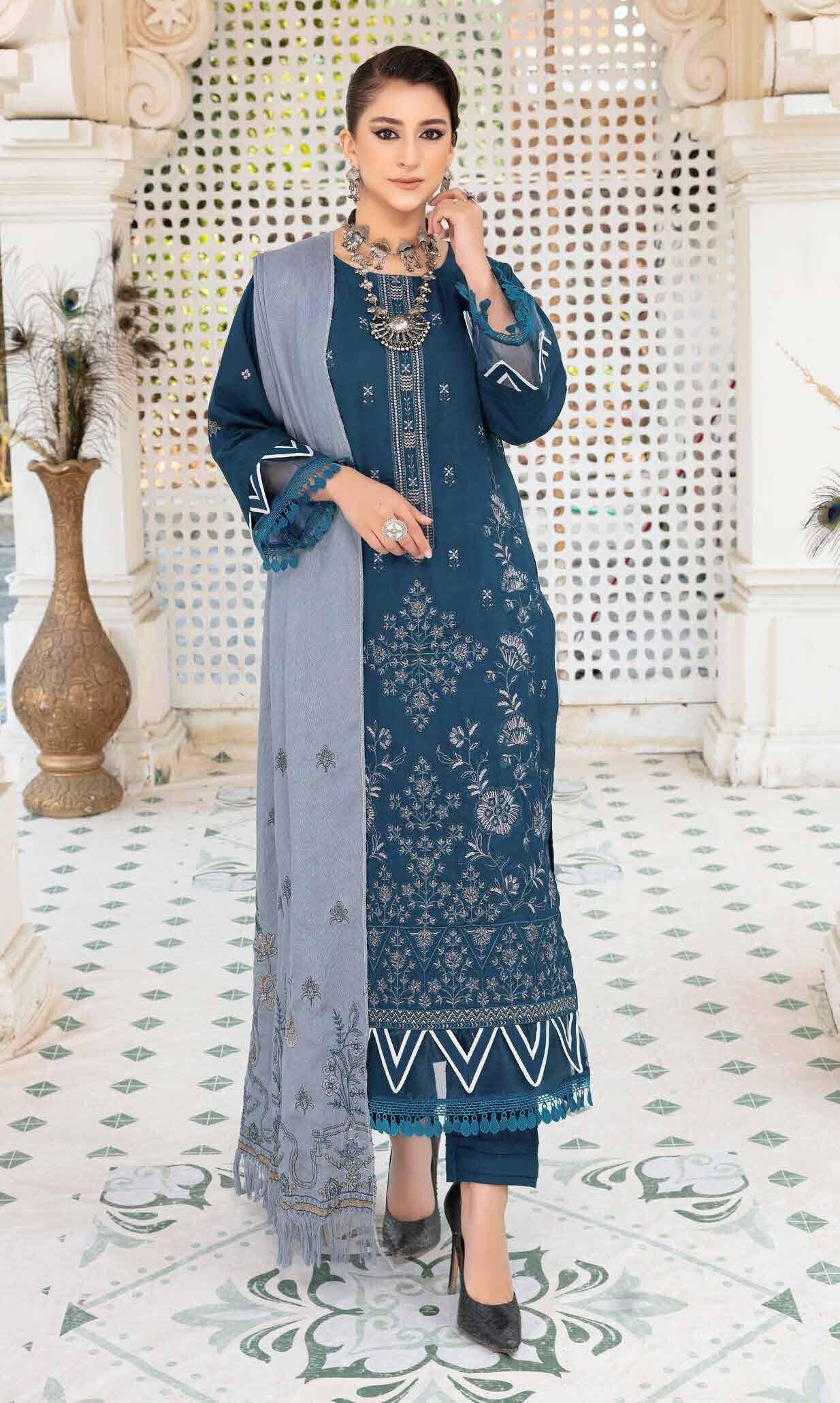 Eid Dress For Womens - Pakistani Embroidered Slub Dhanak Ramadan Partywear Festival Suits Eid Salwar Kameez Suit with Wool Shawl In XL Size