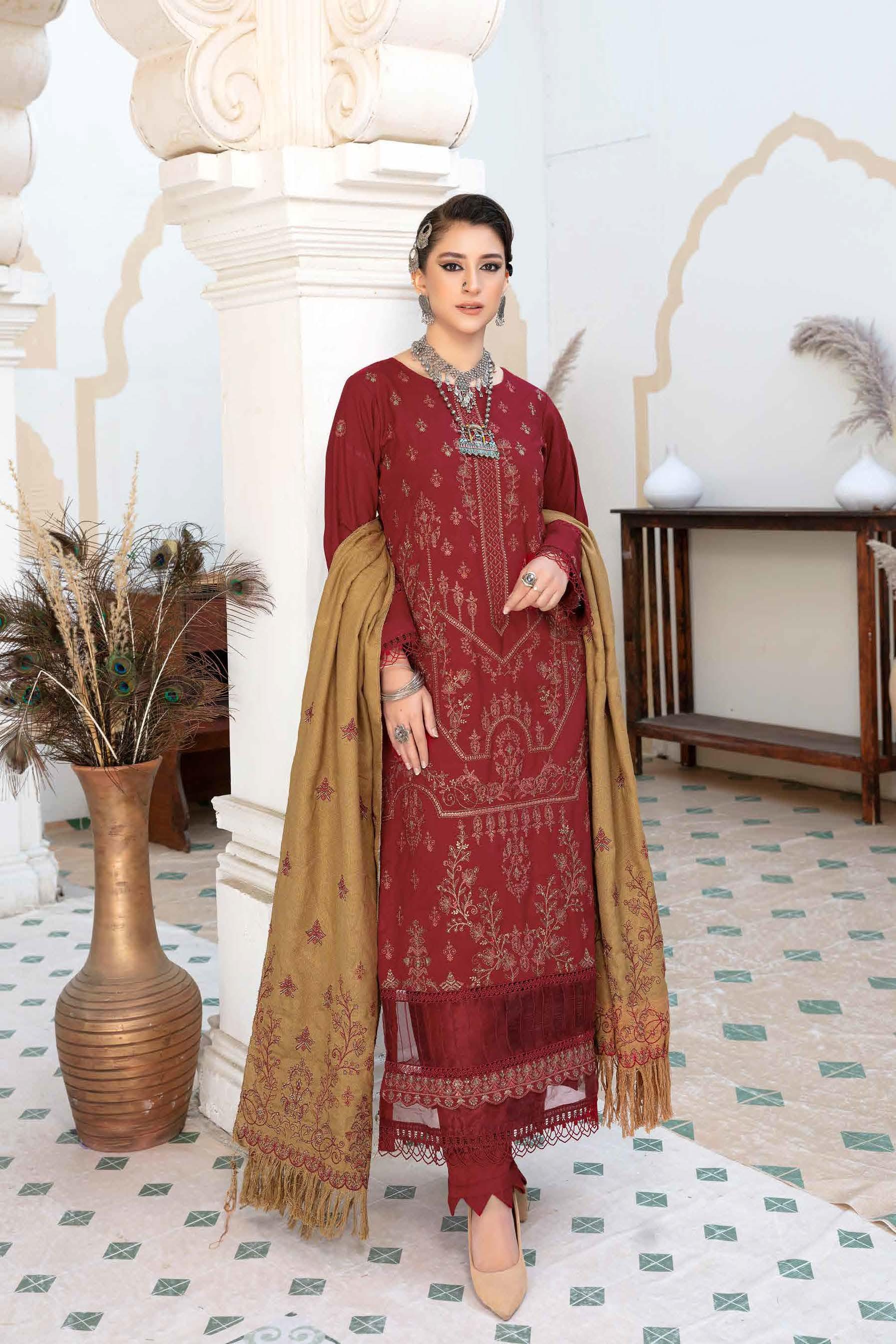Eid Dress For Womens - Pakistani Embroidered Slub Dhanak Ramadan Partywear Festival Suits Eid Salwar Kameez Suit with Wool Shawl In XL Size