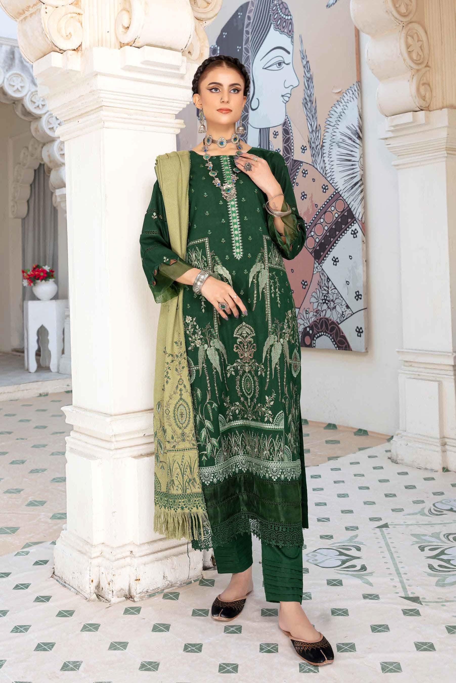 Eid Dress For Womens - Pakistani Embroidered Slub Dhanak Ramadan Partywear Festival Suits Eid Salwar Kameez Suit with Wool Shawl In XL Size