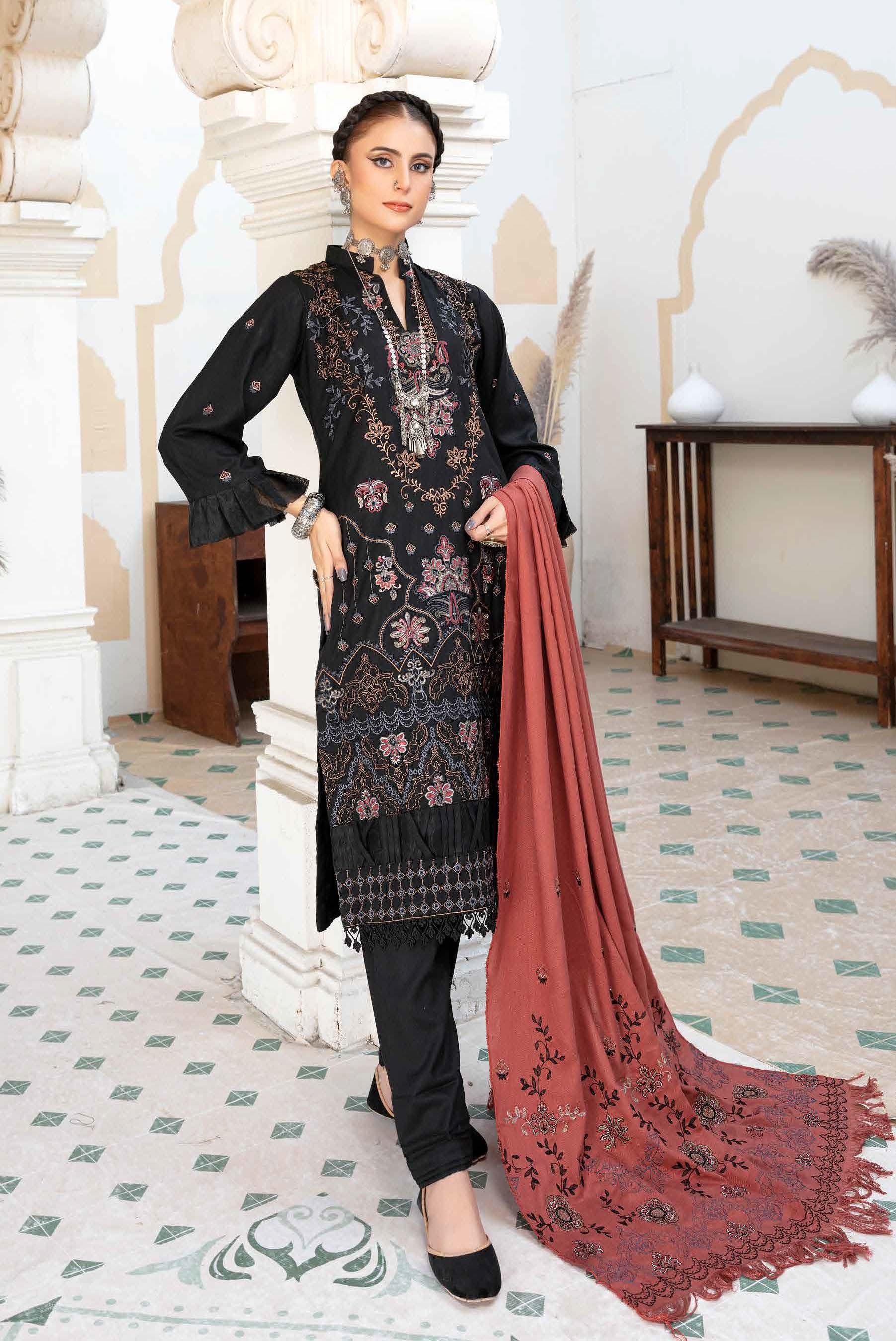 Eid Dress For Womens - Pakistani Embroidered Slub Dhanak Ramadan Partywear Festival Suits Eid Salwar Kameez Suit with Wool Shawl In XL Size