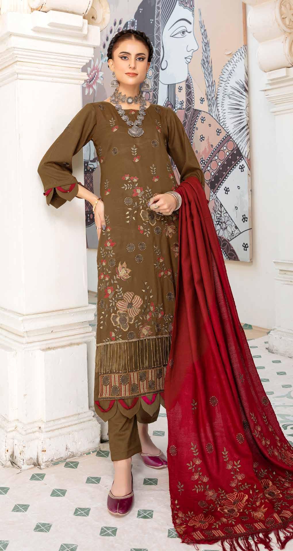 Eid Dress For Womens - Pakistani Embroidered Slub Dhanak Ramadan Partywear Festival Suits Eid Salwar Kameez Suit with Wool Shawl In XL Size
