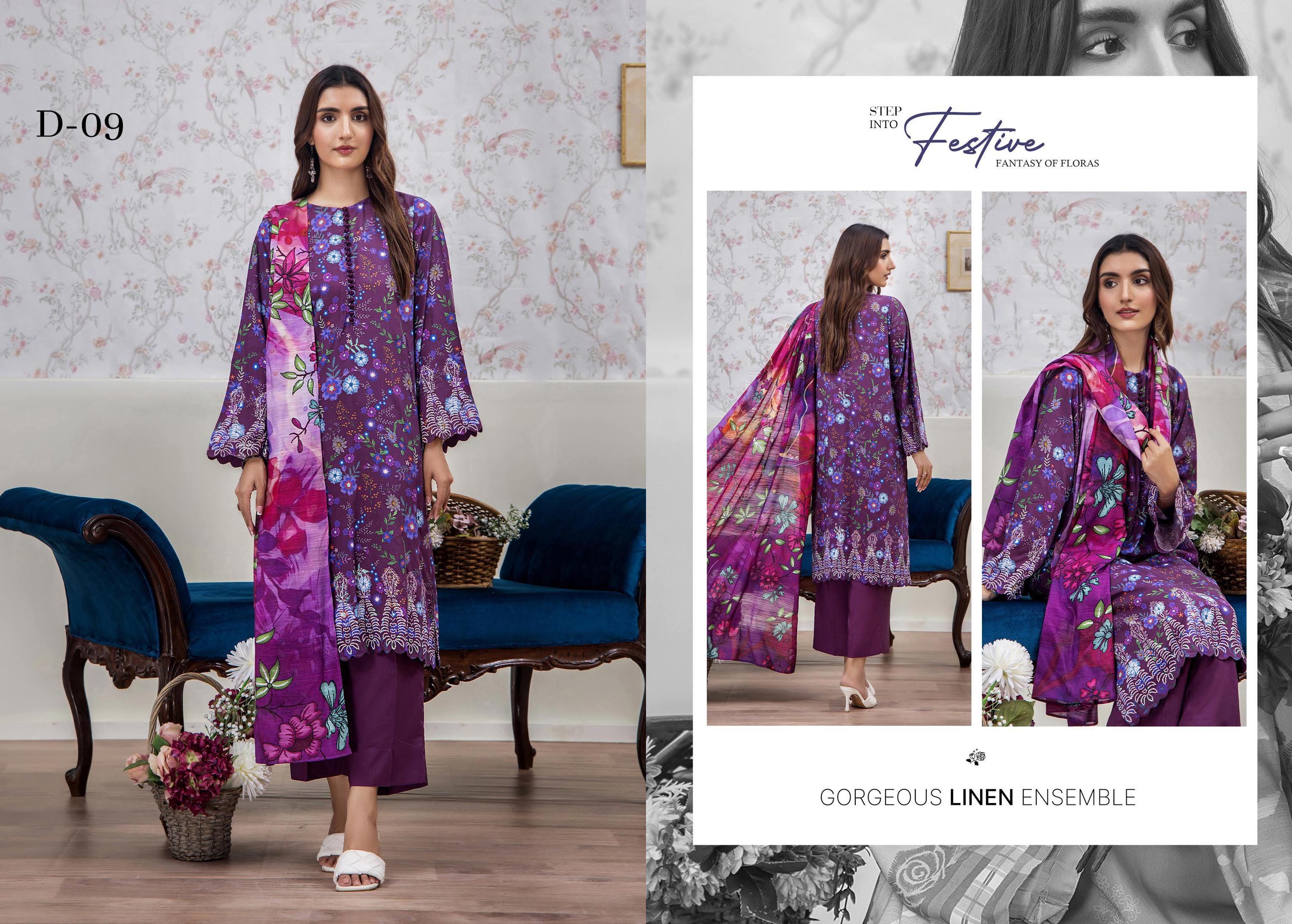 Eid Dress For Womens - Pakistani Embroidered Linen Ramadan Partywear Festival Suits In Medium & Large Size