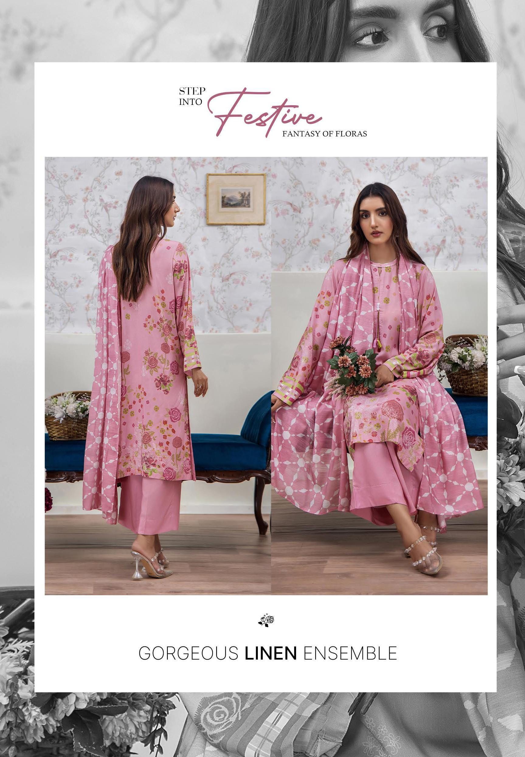Eid Dress For Womens - Pakistani Embroidered Linen Ramadan Partywear Festival Suits In Medium & Large Size