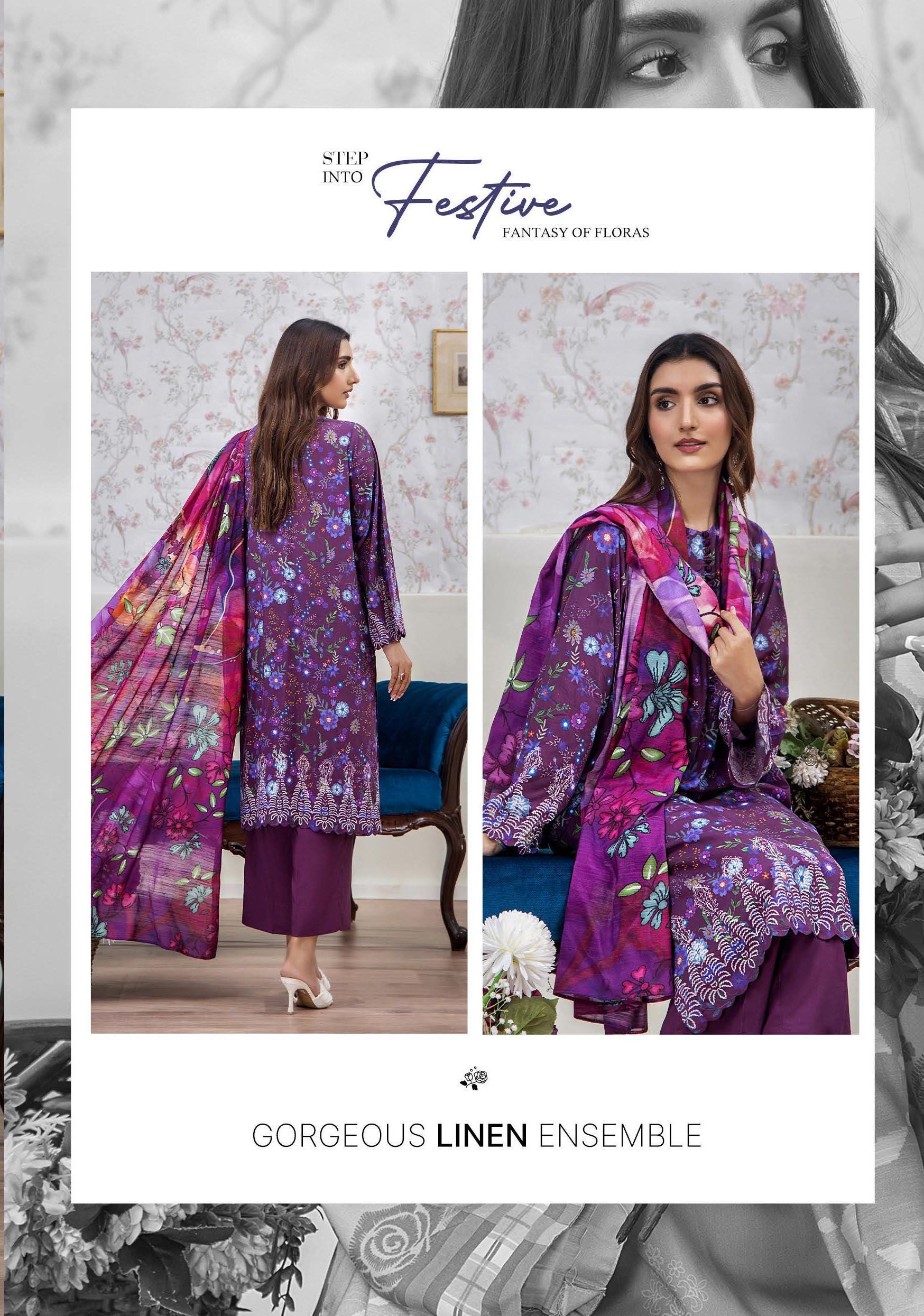 Eid Dress For Womens - Pakistani Embroidered Linen Ramadan Partywear Festival Suits In Medium & Large Size
