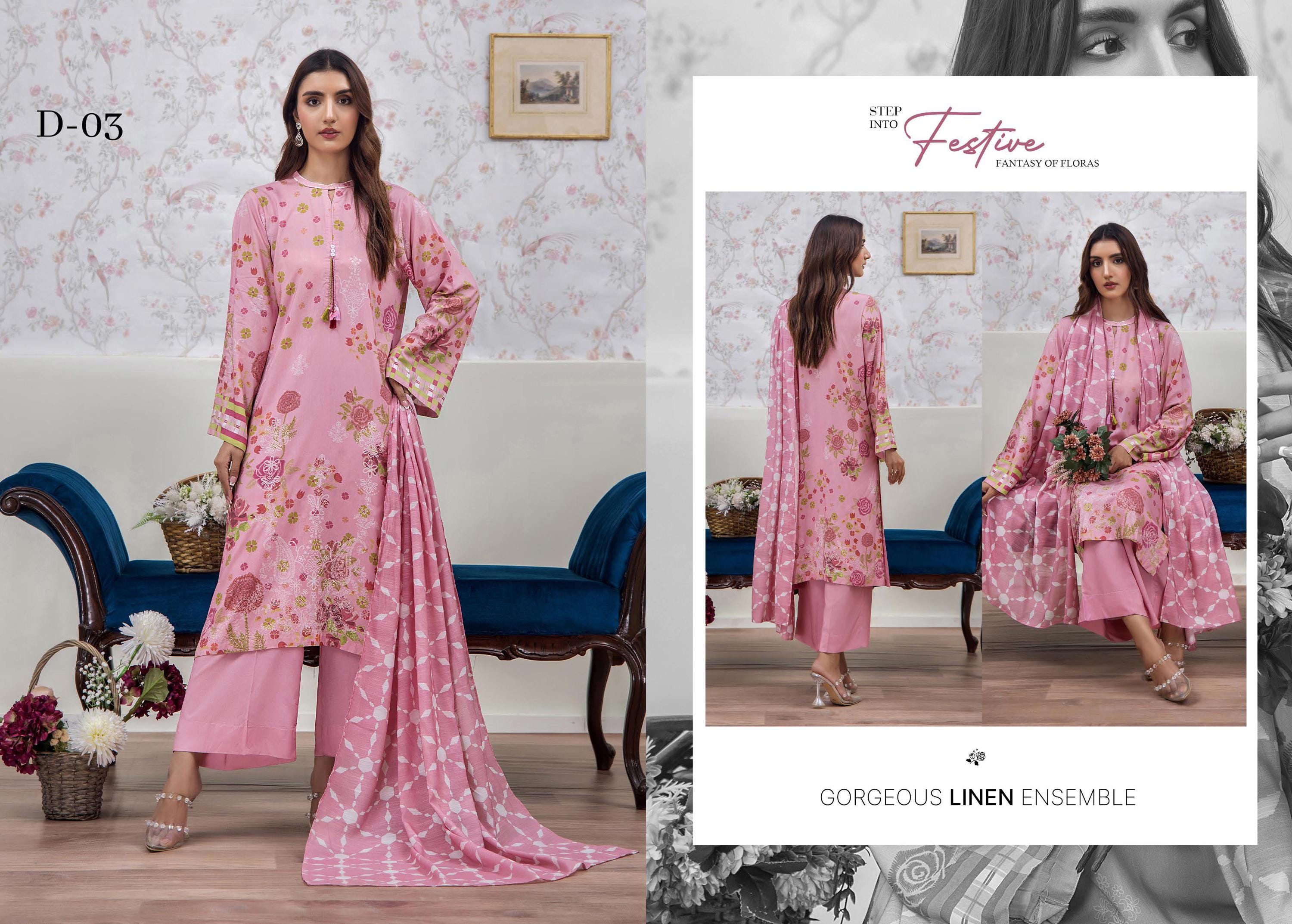 Eid Dress For Womens - Pakistani Embroidered Linen Ramadan Partywear Festival Suits In Medium & Large Size
