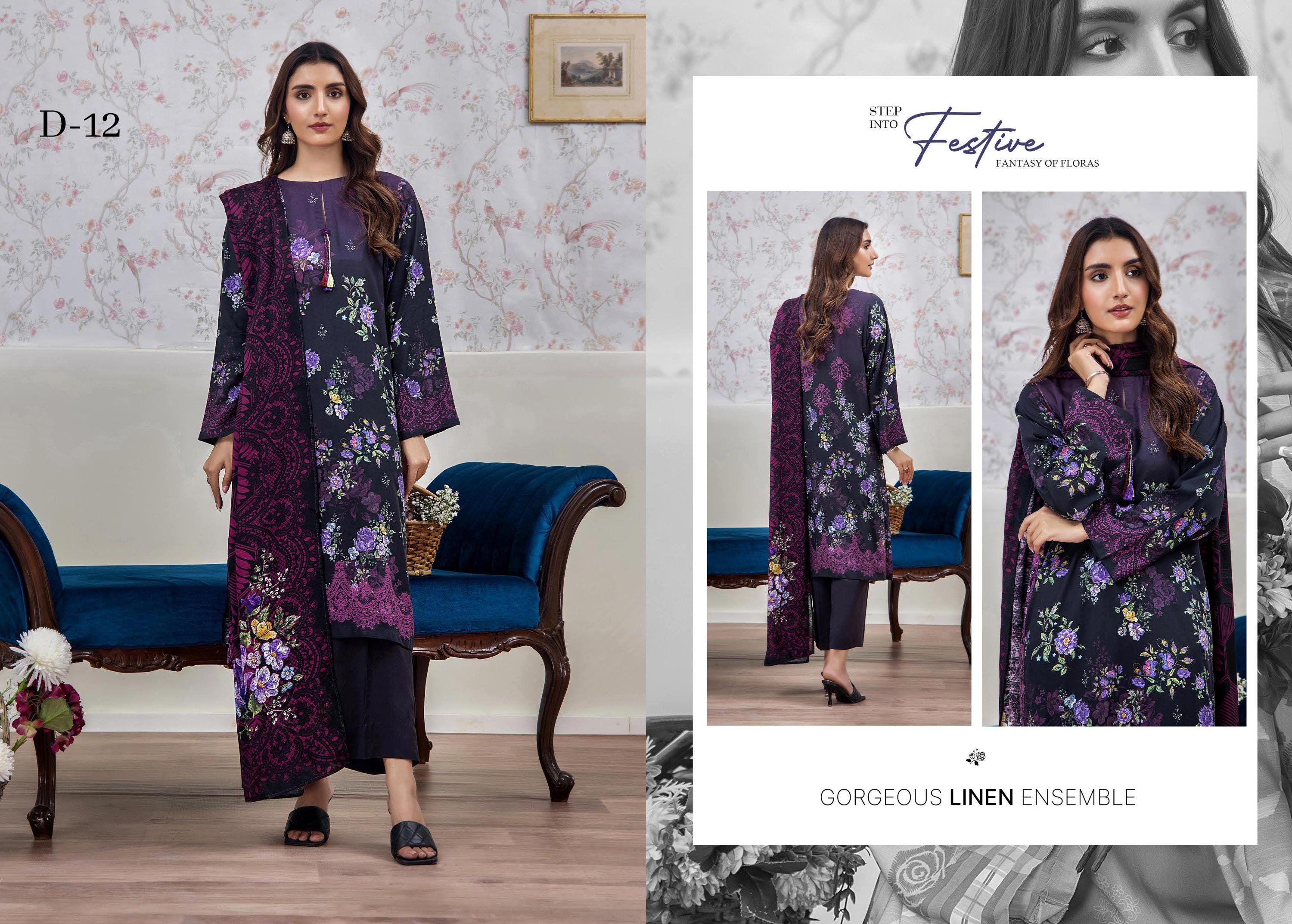Eid Dress For Womens - Pakistani Embroidered Linen Ramadan Partywear Festival Suits In Medium & Large Size