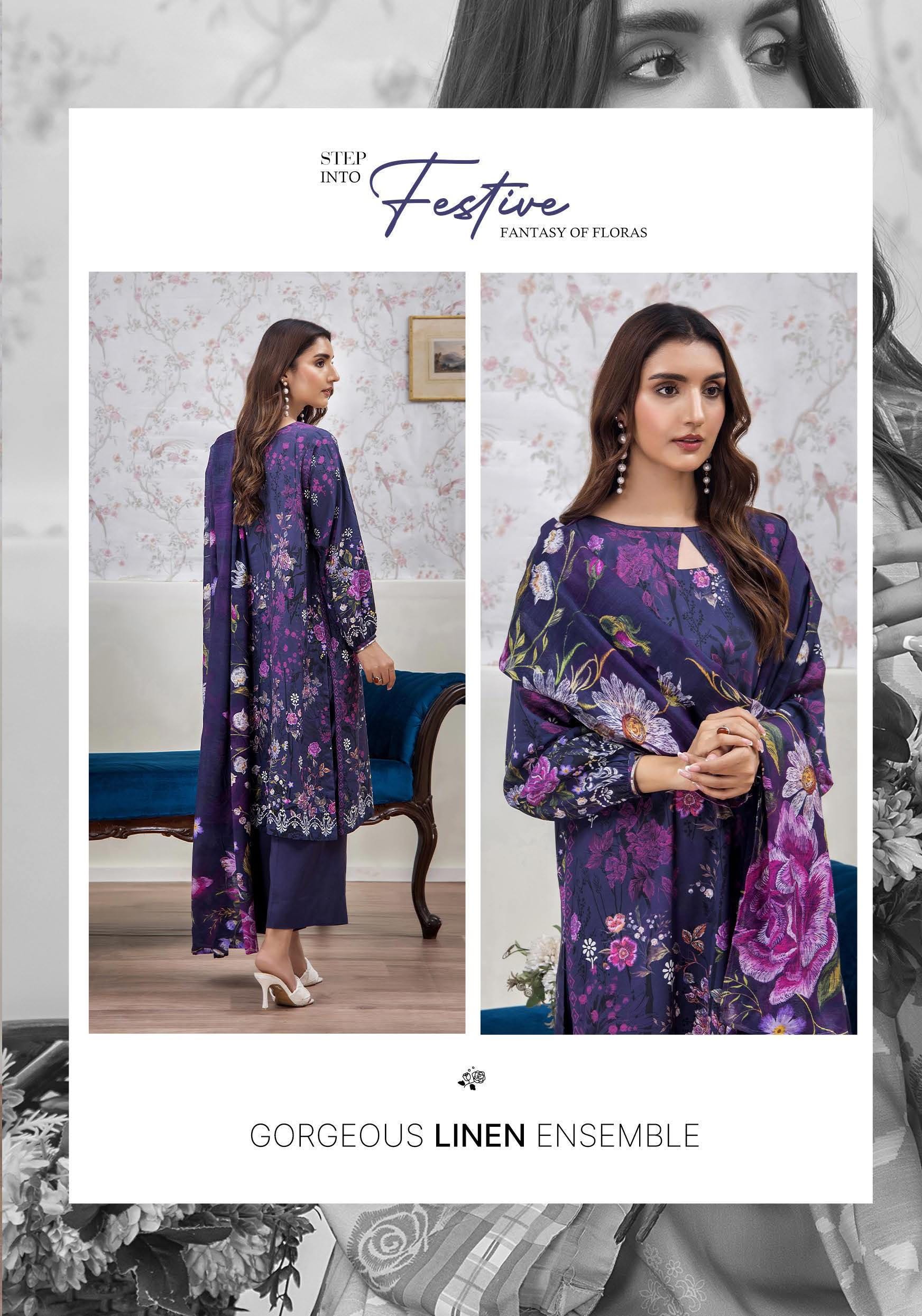 Eid Dress For Womens - Pakistani Embroidered Linen Ramadan Partywear Festival Suits In Medium & Large Size