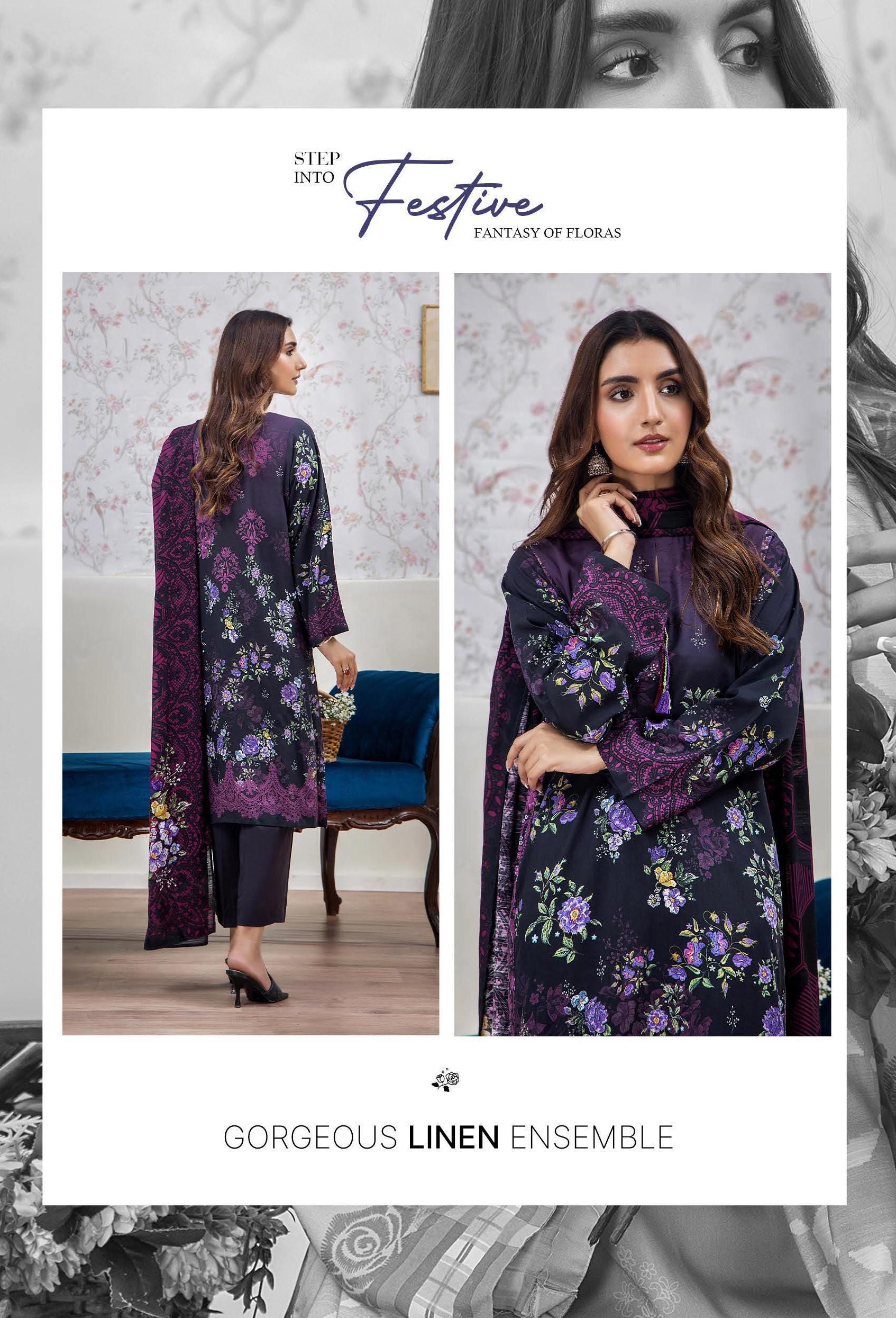 Eid Dress For Womens - Pakistani Embroidered Linen Ramadan Partywear Festival Suits In Medium & Large Size